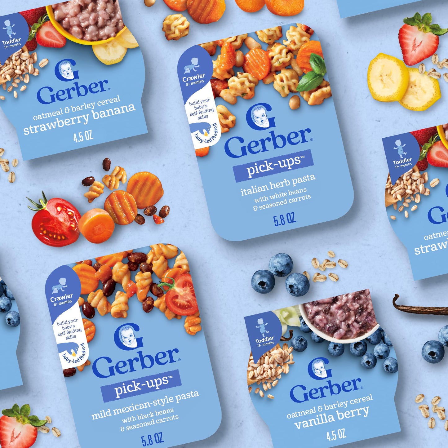 Gerber Toddler Food, Baby Food, Breakfast Oatmeal With Barley, Vanila Berry Flavor, Cereal, Iron Helps Support Brain Development, 8 Pack