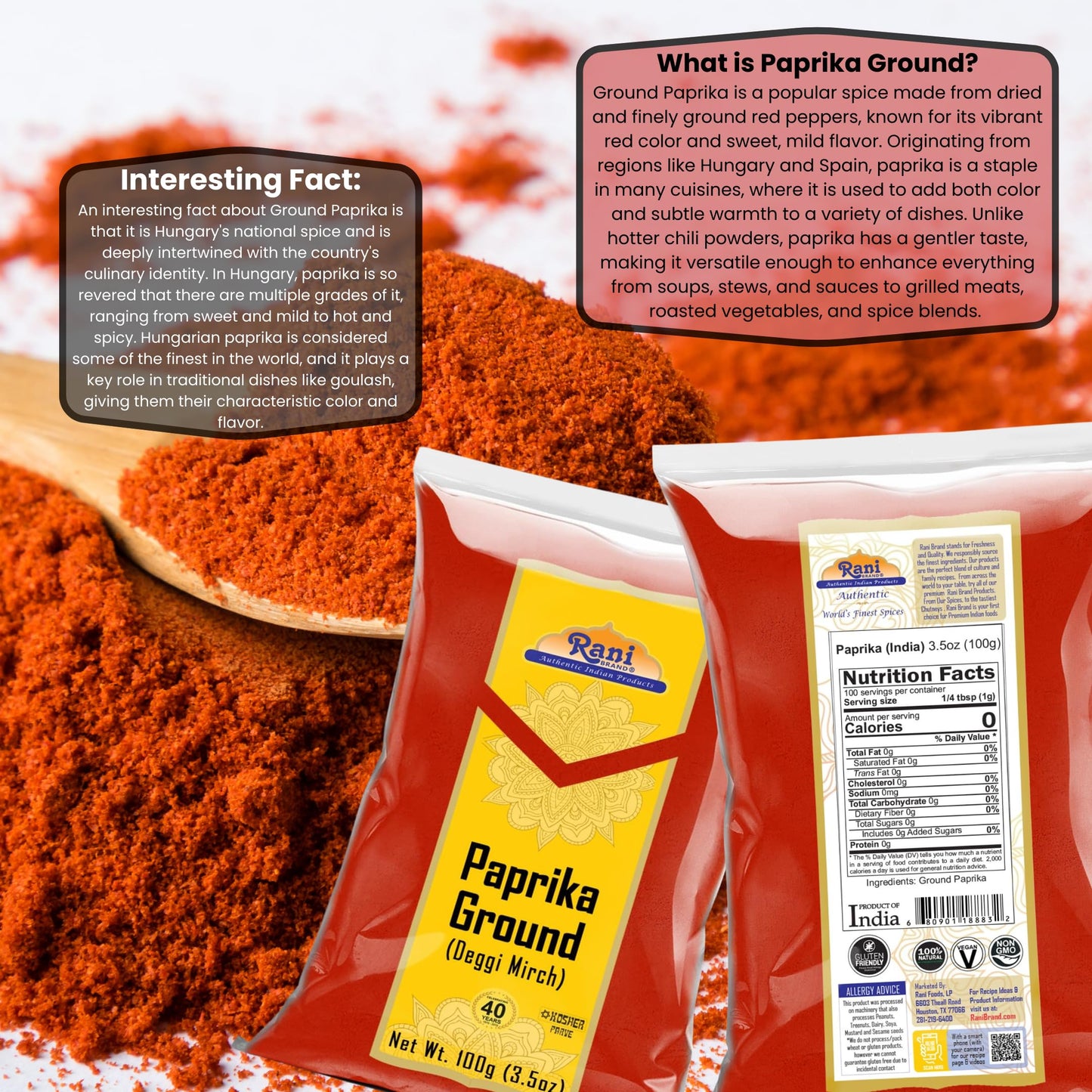 Rani Paprika (Deggi Mirch, Low Heat, Low Heat) Spice Powder, Ground 3.5Oz (100G) ~ All Natural, Salt-Free | Vegan | No Colors |