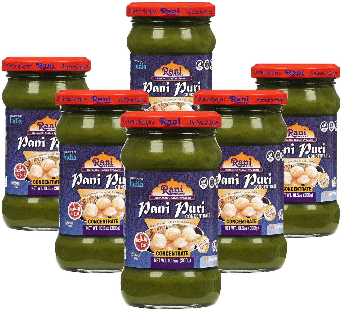 Rani Pani Puri Concentrate (Sweet & Spicy to Make Pani Water/Spicy Water) 10.5oz (300g) Glass Jar, Ready to Eat, Pack of 5+1 FRE