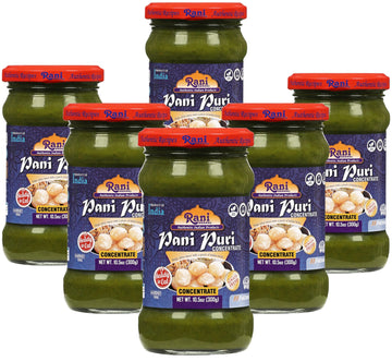 Rani Pani Puri Concentrate (Sweet & Spicy to Make Pani Water/Spicy Water) 10.5oz (300g) Glass Jar, Ready to Eat, Pack of 5+1 FRE