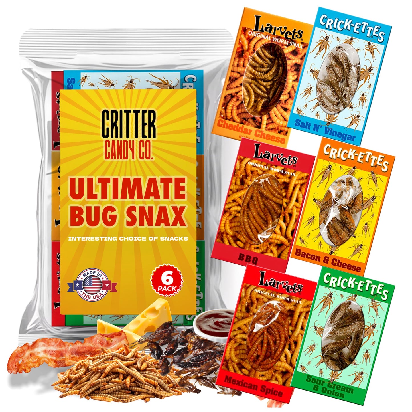 Jerky-n-Spice Edible Bugs 6-Pack, Flavored Larvae Snacks, Mixed Multi-Pack