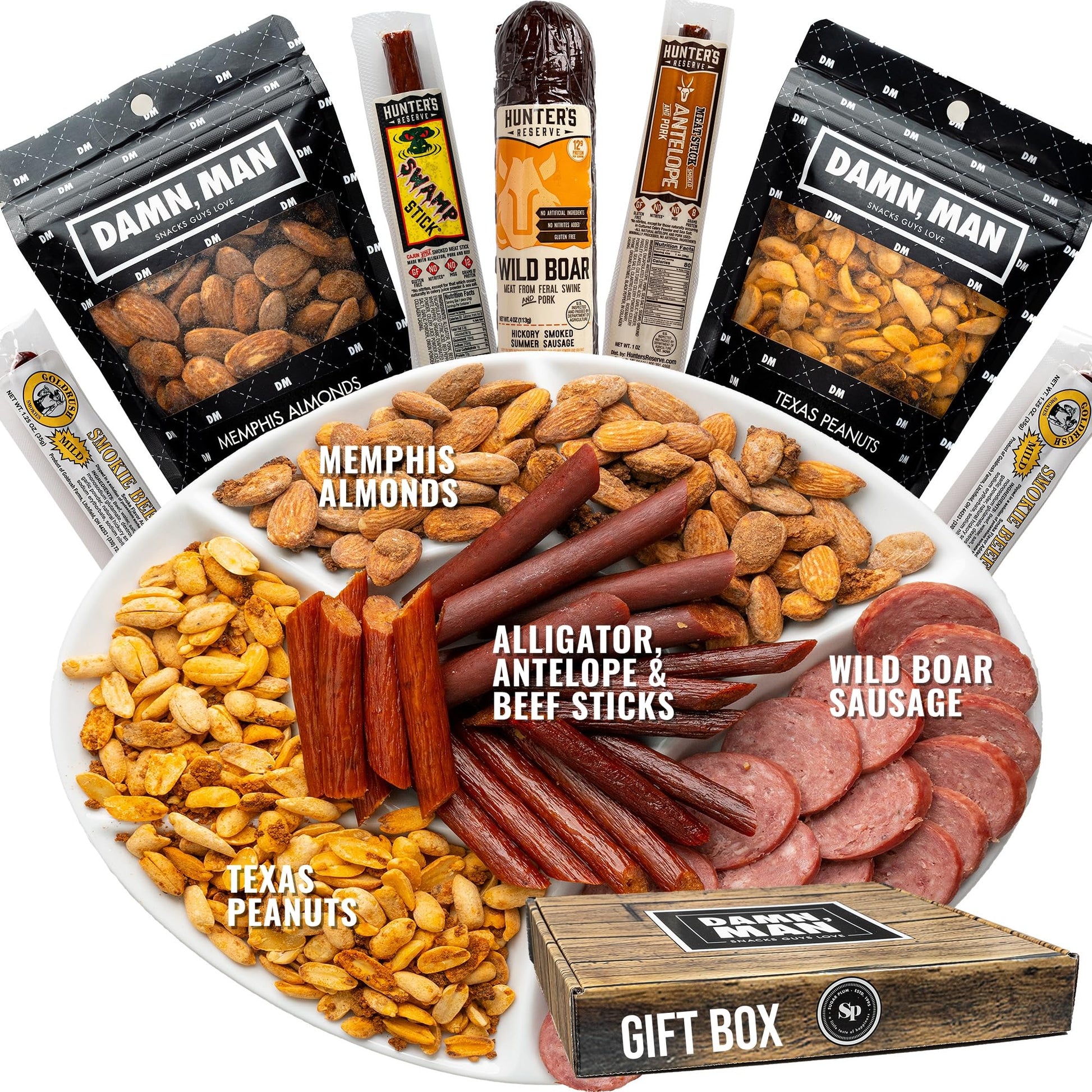 Beef Jerky Gift Basket for Men - Great Gift for Men, Dad - Includes Exotic Jerky Snacks, Alligator, Venison, Boar, Gourmet Nuts,