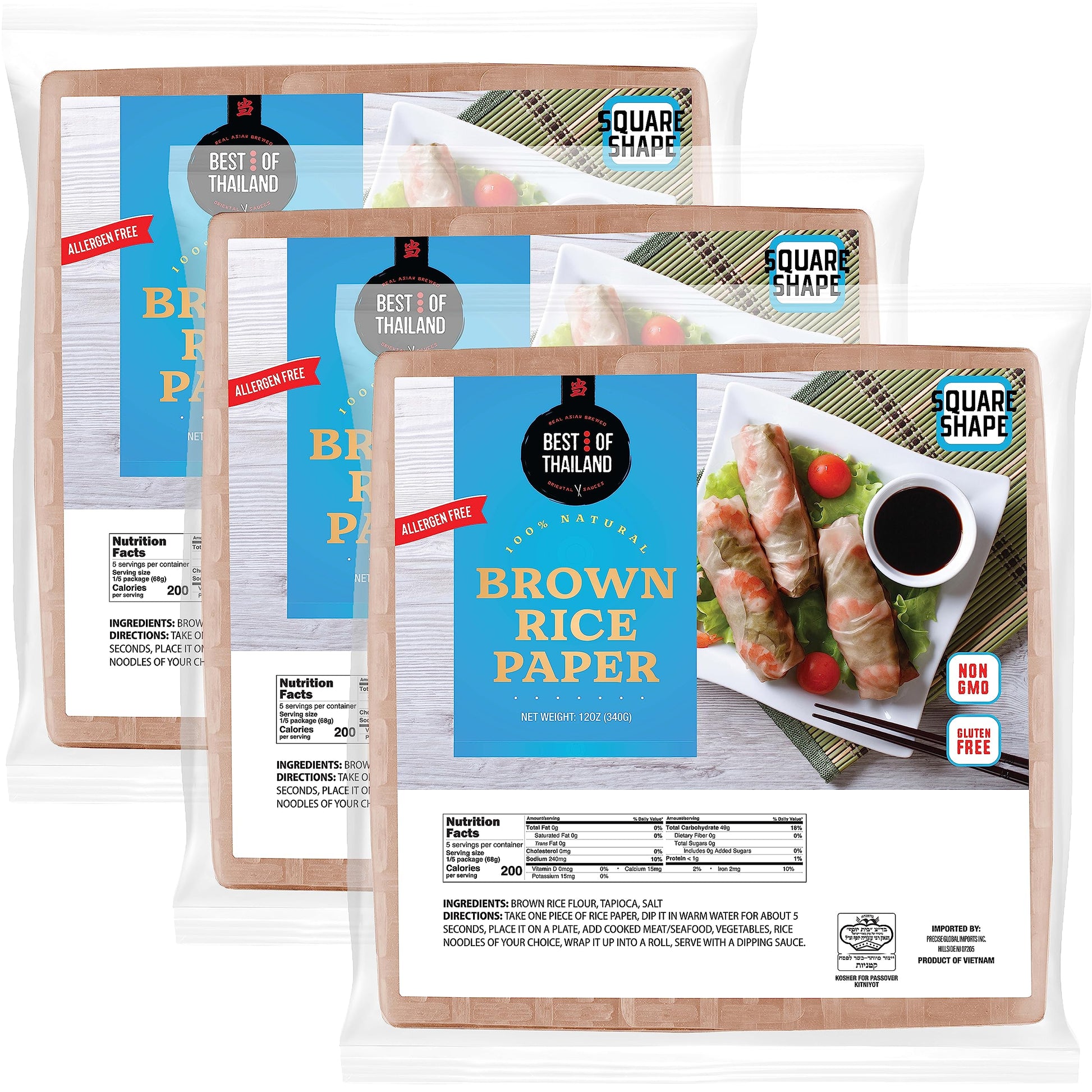 Best Of Thailand [Square] Brown Rice Paper Wraps 3 Pack | Perfect For Fresh Spring Rolls & Dumplings | Non-Gmo, Gluten-Free, Veg