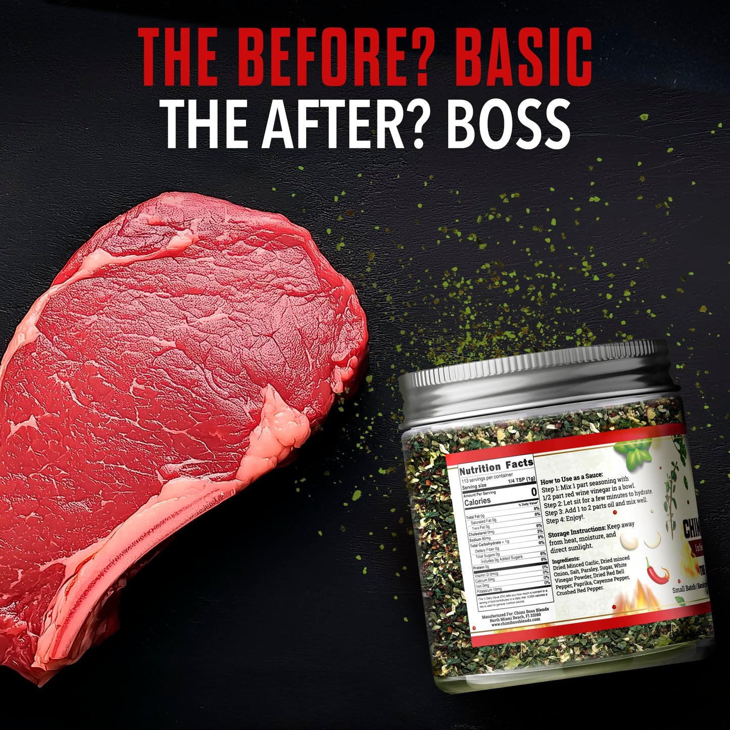 Chimi Boss Blends Infierno Chimichurri Dry Seasoning, 4 oz - Spicy Argentinian Herb & Chili Rub with Parsley, Garlic & Oregano -