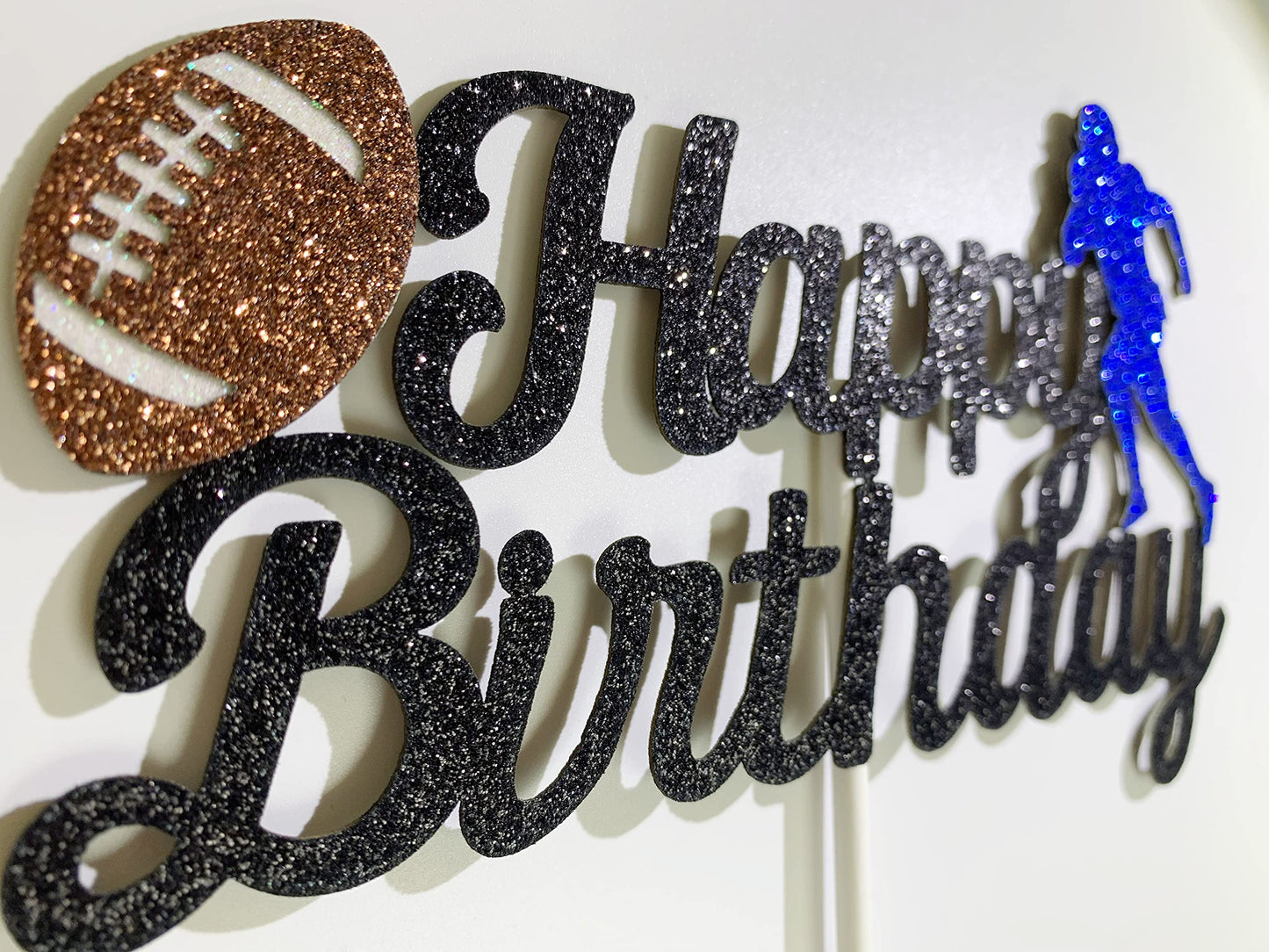 Football Cake Topper - Happy Birthday Cake Topper For Football/Sport Theme Birthday Party Decoration (Black Glitter)