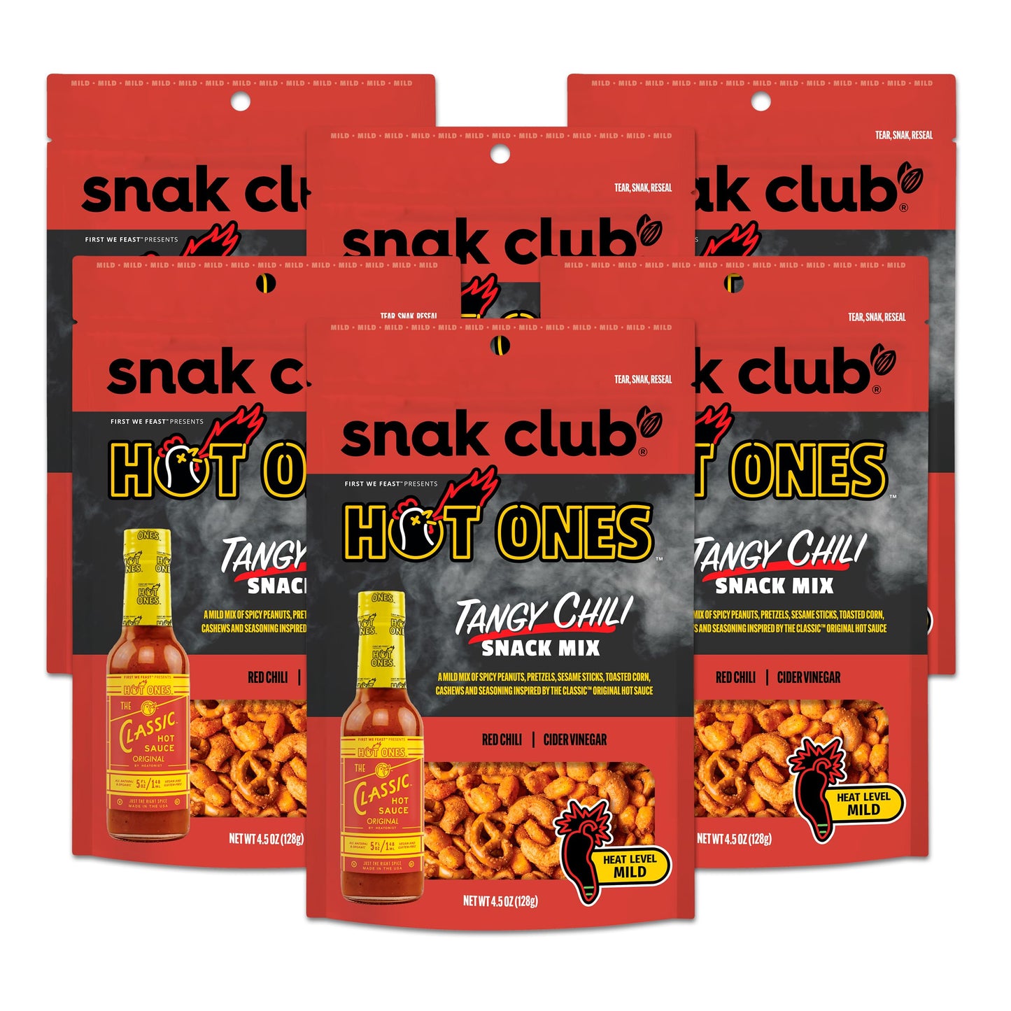 Snak Club Tangy Chili Snack Mix, Mild Spicy Snacks, 4.5 oz Resealable Bag (6 Count)