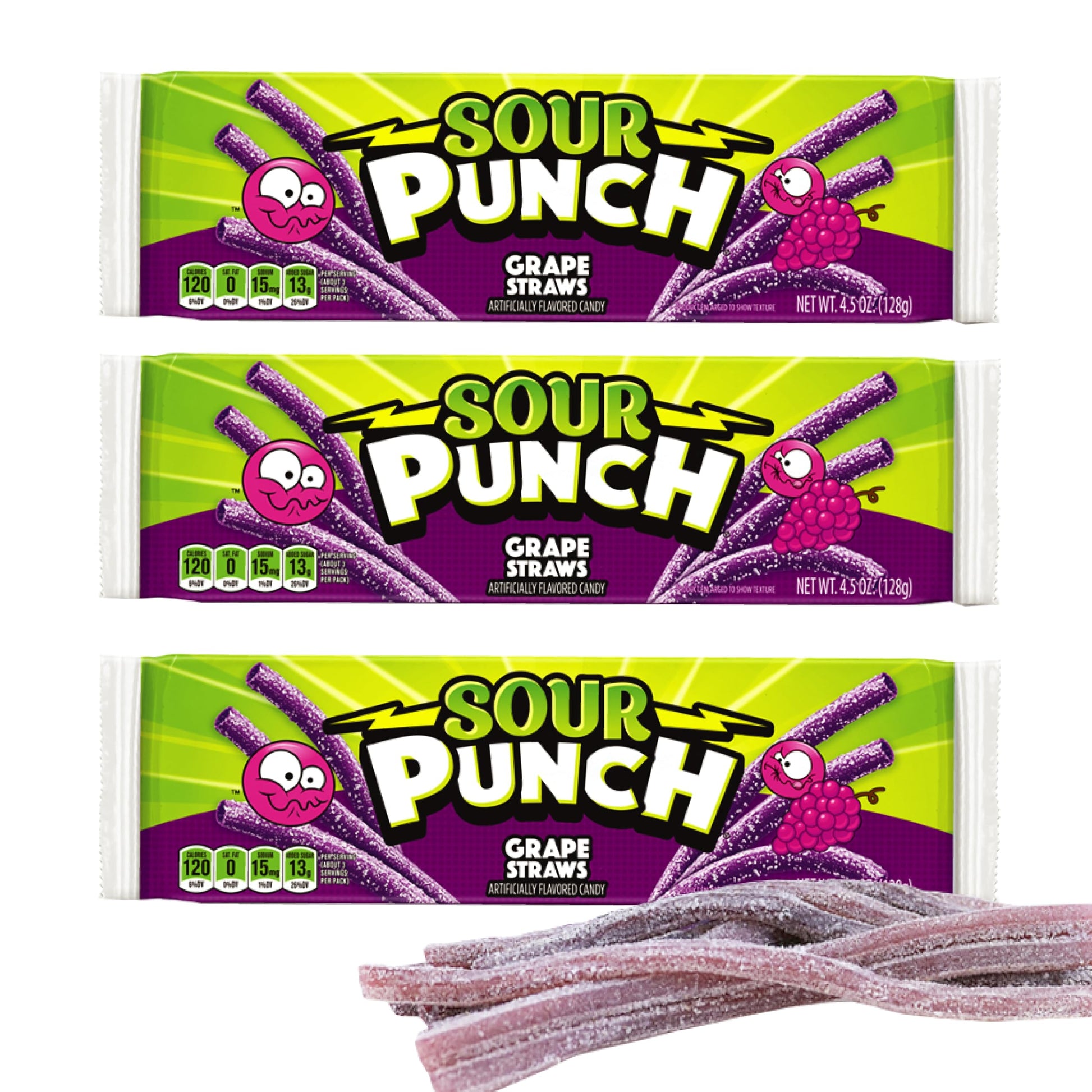 SOUR PUNCH Grape Straws Candy, 2 oz Pack of 3 - Chewy, Mouthwatering Grape-Flavored Sour Candy - Fat-Free, Low Sodium Treat for 