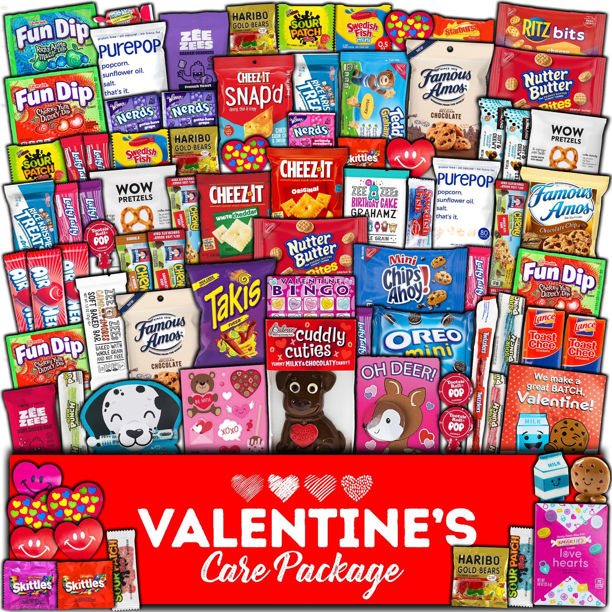 ValentineS Day Gift Care Package (80Ct) Snacks Chocolates Candy Box Assortment Variety Bundle Present Kids 18+ Uses Boy Girl Guy Friend College Husband Wife Boyfriend Girlfriend Love