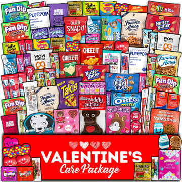 ValentineS Day Gift Care Package (80Ct) Snacks Chocolates Candy Box Assortment Variety Bundle Present Kids 18+ Uses Boy Girl Guy Friend College Husband Wife Boyfriend Girlfriend Love