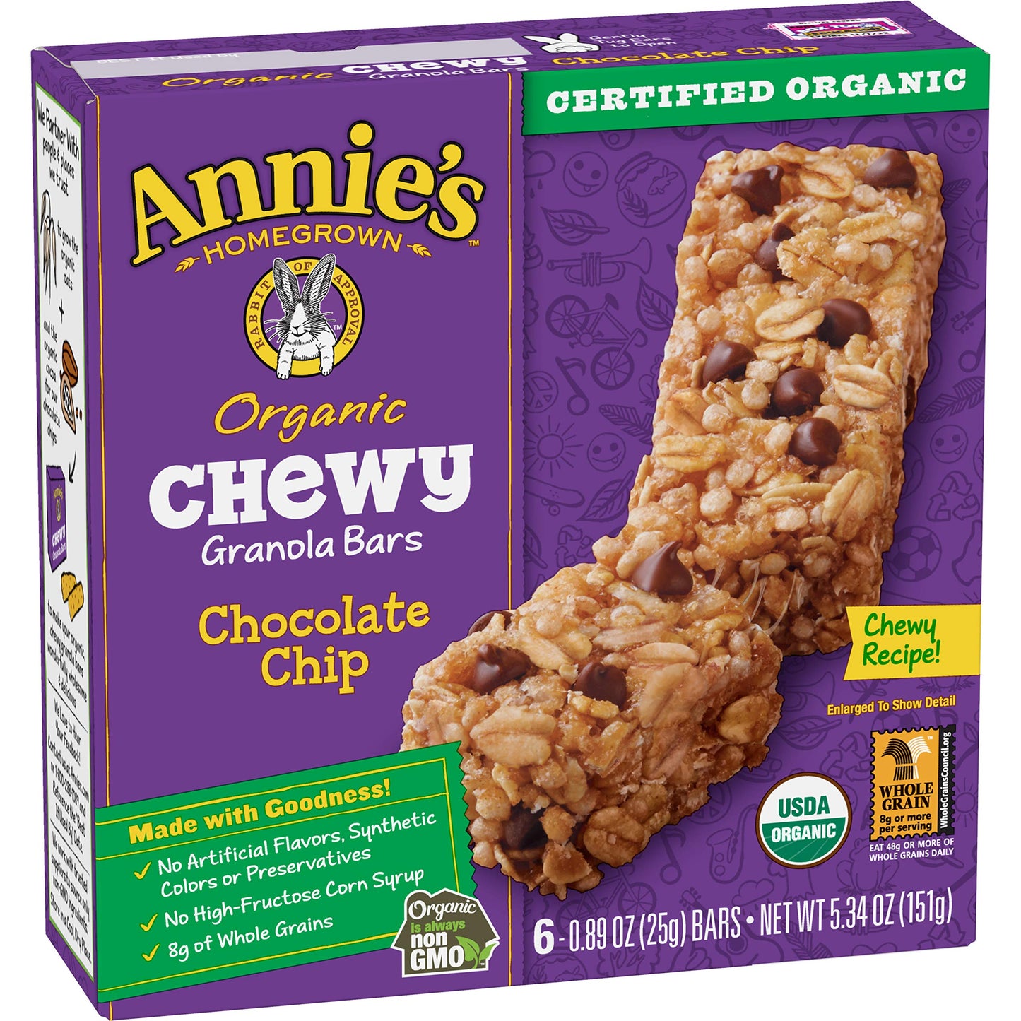 Annies Organic Chewy Granola Bars, Chocolate Chip, 6 Bars, 0.89Oz Each