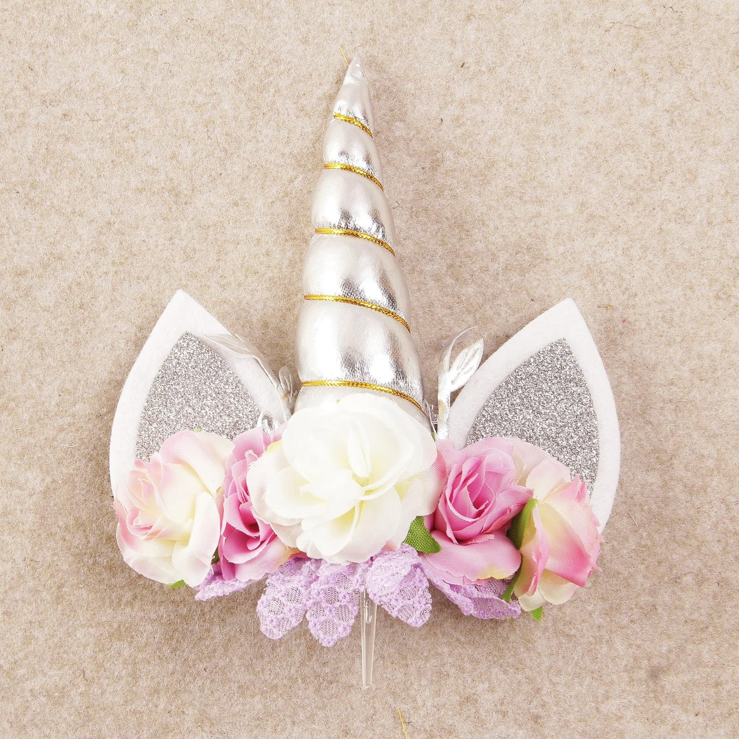 Nishine Rose Floral Unicorn Cake Topper - Silver & Ivory Paper Decoration for Birthday Parties
