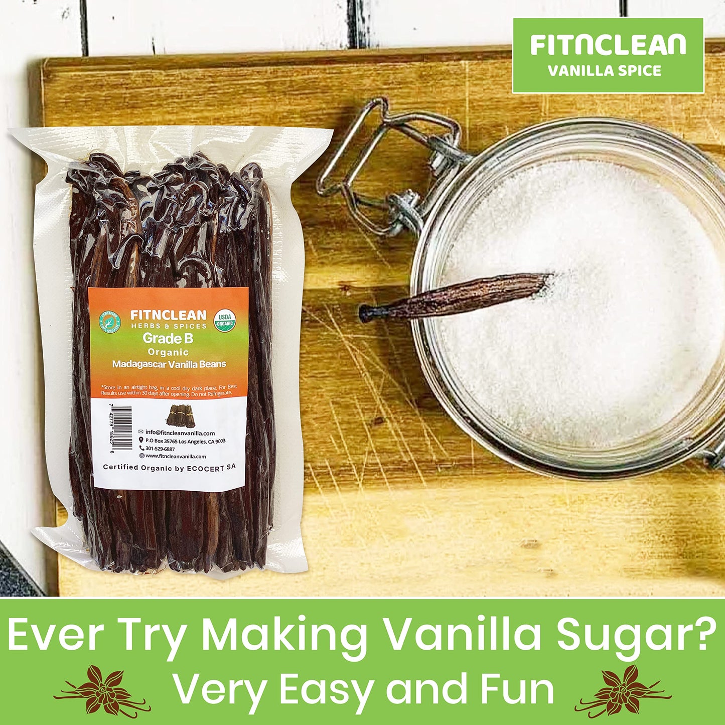 FITNCLEAN VANILLA Organic Madagascar Grade B Vanilla Beans, 100 Count, 5-7 spirit-inspired flavor Pods, Non-GMO