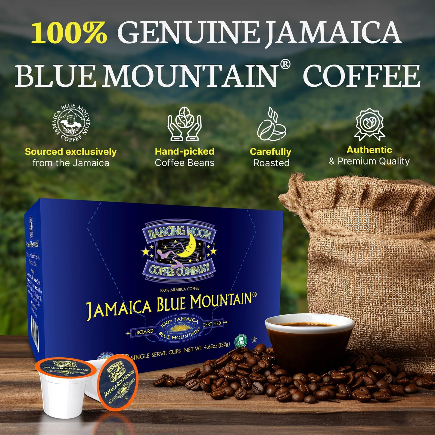 Dancing Moon Coffee Pods - 100% Pure Jamaica Blue Mountain, Medium Roast, 12 Count for Keurig KCup Brewers