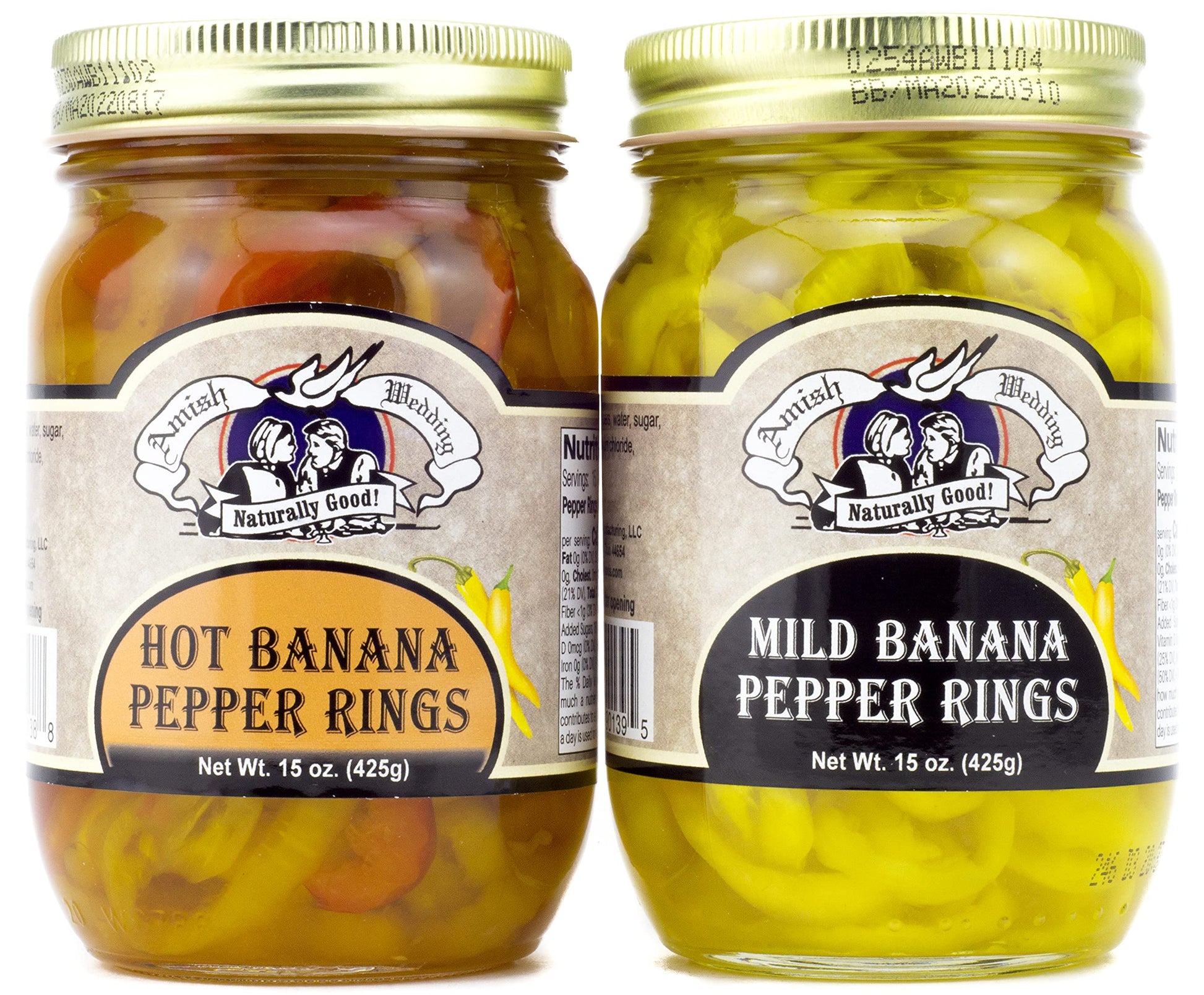 Amish Wedding Hot Banana Pepper Rings & Mild Banana Pepper Rings Variety 2-Pack 15 oz. Jars