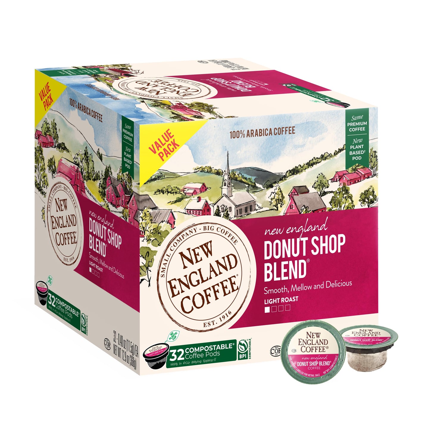 New England Coffee Donut Shop Blend Light Roast Pods, 32 Count (Pack of 1)