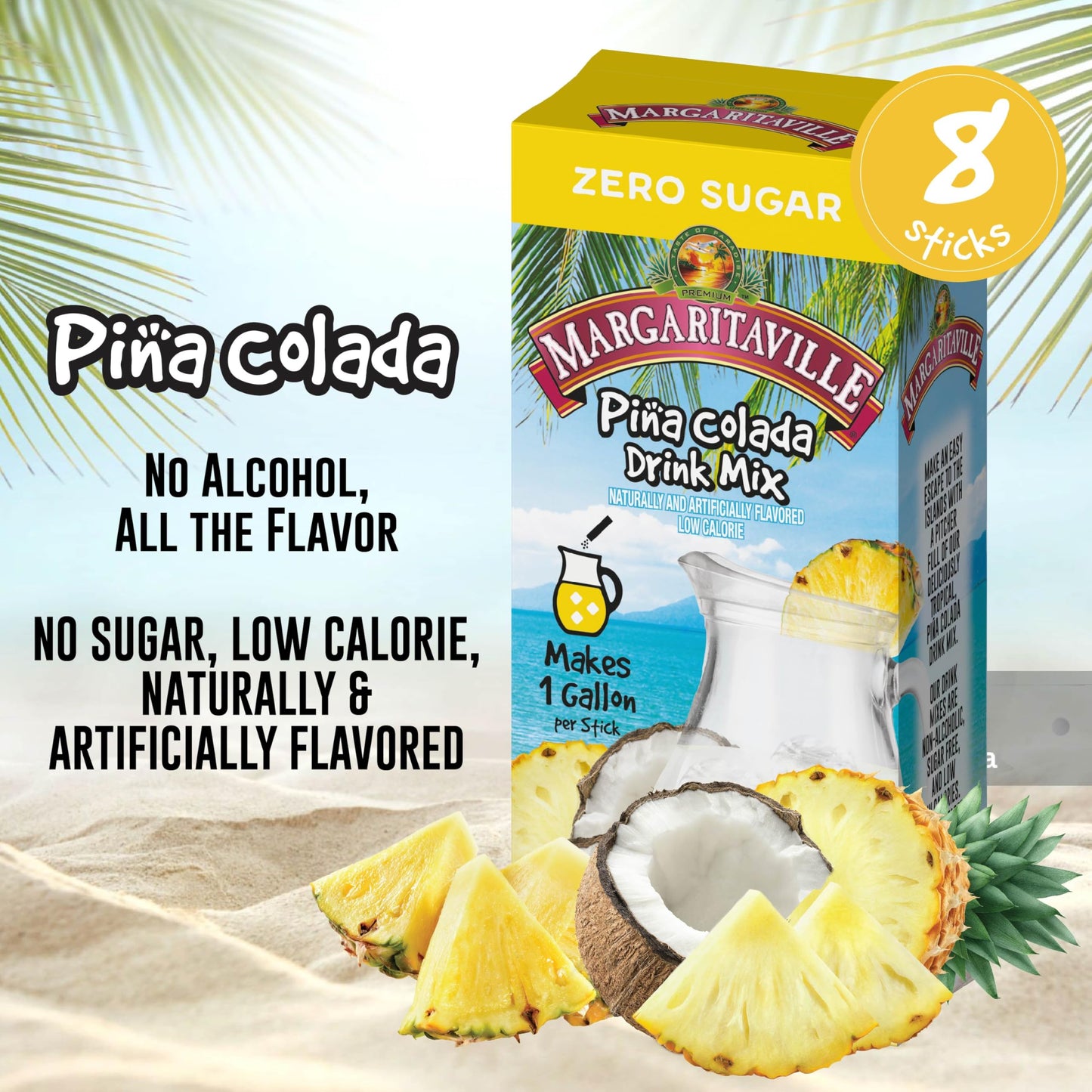SINGLES TO GO! Powdered Drink Mix - Pina Colada, Low Calorie, Zero Sugar, 8-Count Box, 7.03 Ounce