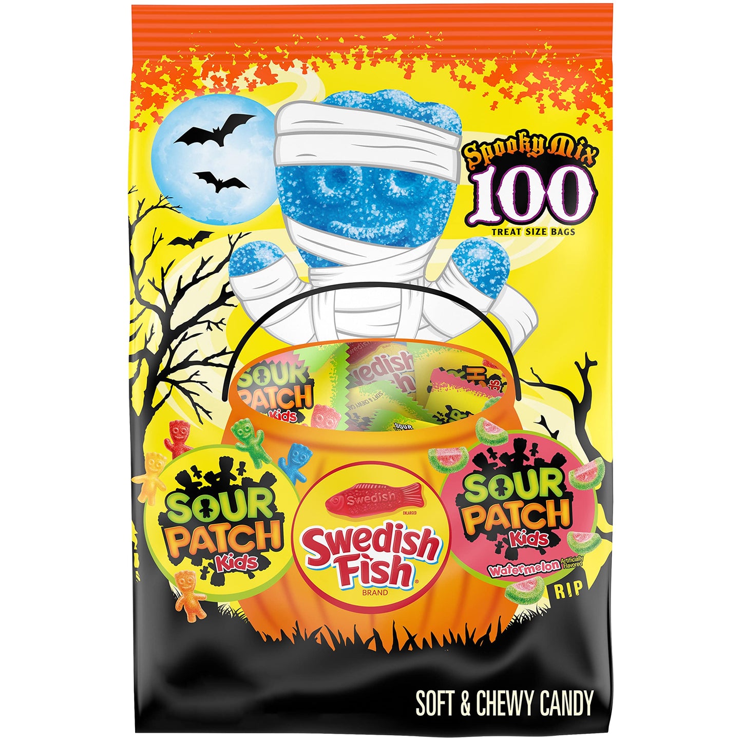 Sour Patch Kids Candy (Original And Watermelon) And Swedish Fish Candy Halloween Candy Variety Pack, 1 - 100 Trick Or Treat Snack Packs
