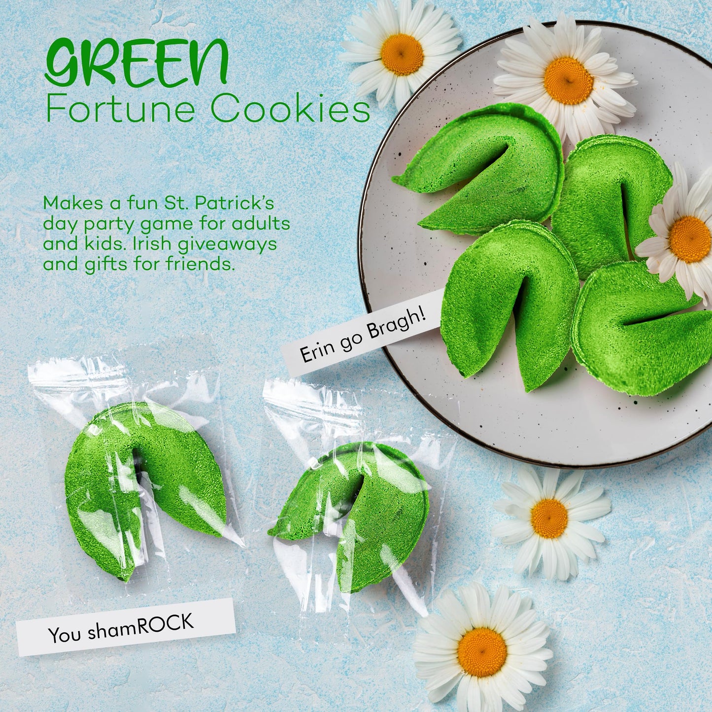 St Patricks Day Fortune cookies (50 Individually Wrapped) green With Irish Themed Sayings Party Favors & Treats by 4Es Novelty