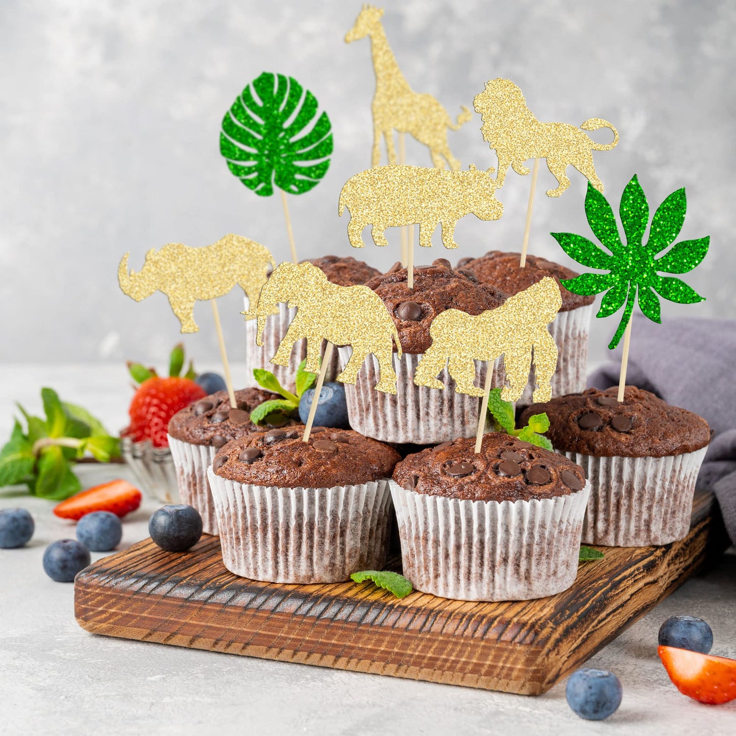 Gyufise 24Pcs Gold Jungle Safari Animal Cupcake Toppers Green Leaf Safari Jungle Wild Animals Cupcake Picks For Jungle Theme Bab