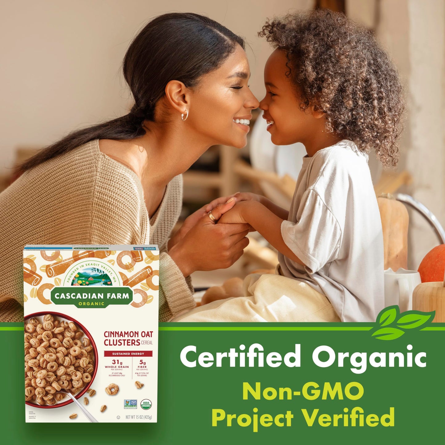 Cascadian Farm Organic Cinnamon Oat Clusters Breakfast Cereal, Made With Whole Grain, Non-GMO, 15 oz
