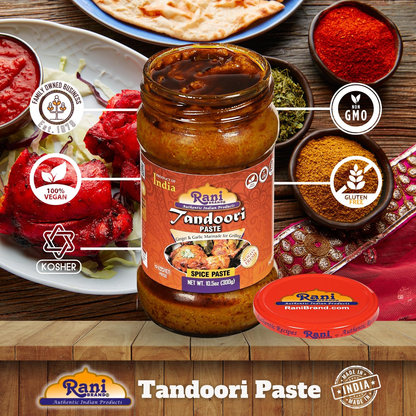 Rani Tandoori Paste (No Colors) 10.5Oz (300G) Glass Jar, Pack Of 5+1 Free ~ For Tandoori Chicken, Chicken Tikka, Paneer Tikka |
