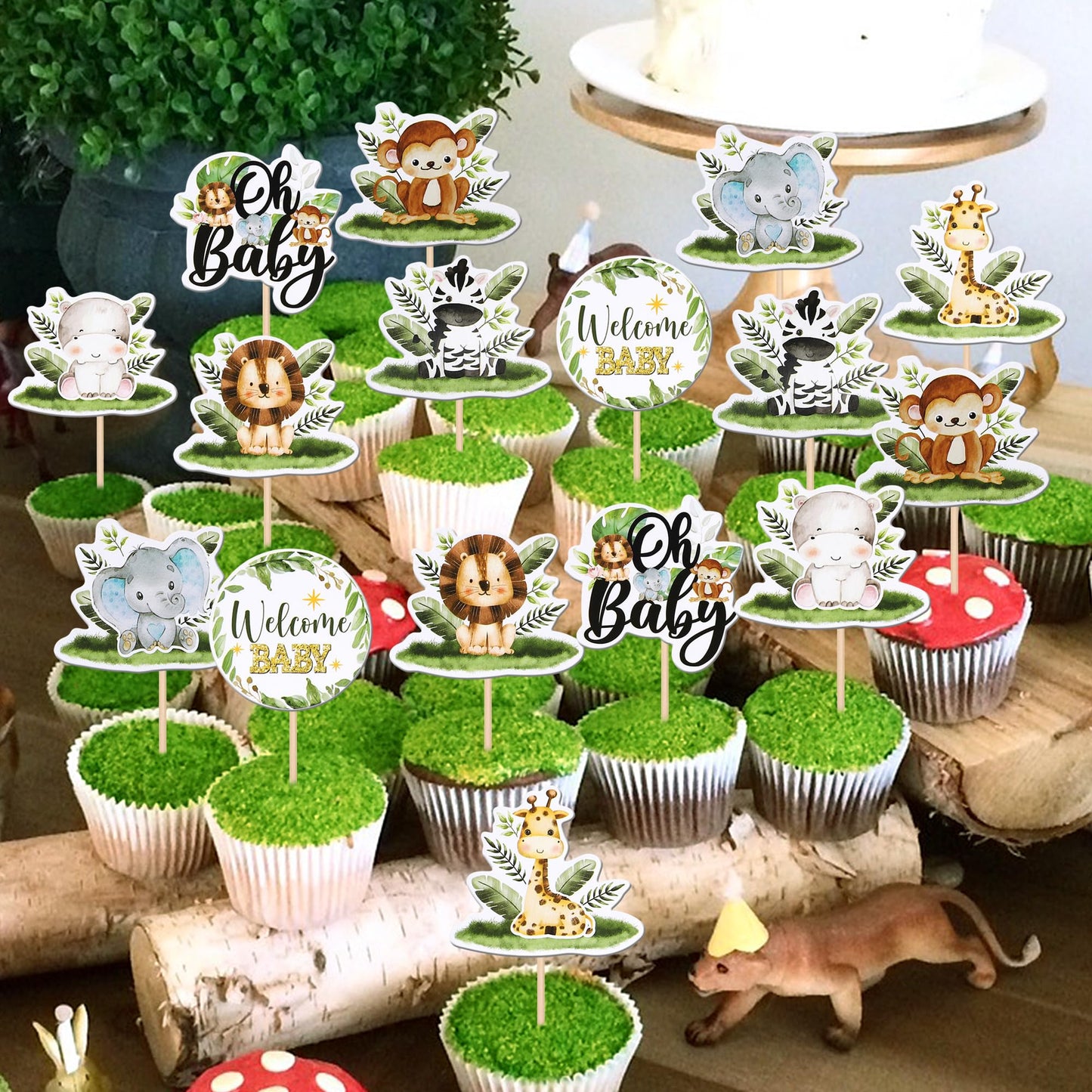 40 Pcs Safari Animals Baby Shower Cupcake Toppers Oh Baby Jungle Animals Cupcake Picks Elephant Giraffe Lion Hippo Monkey Zebra
