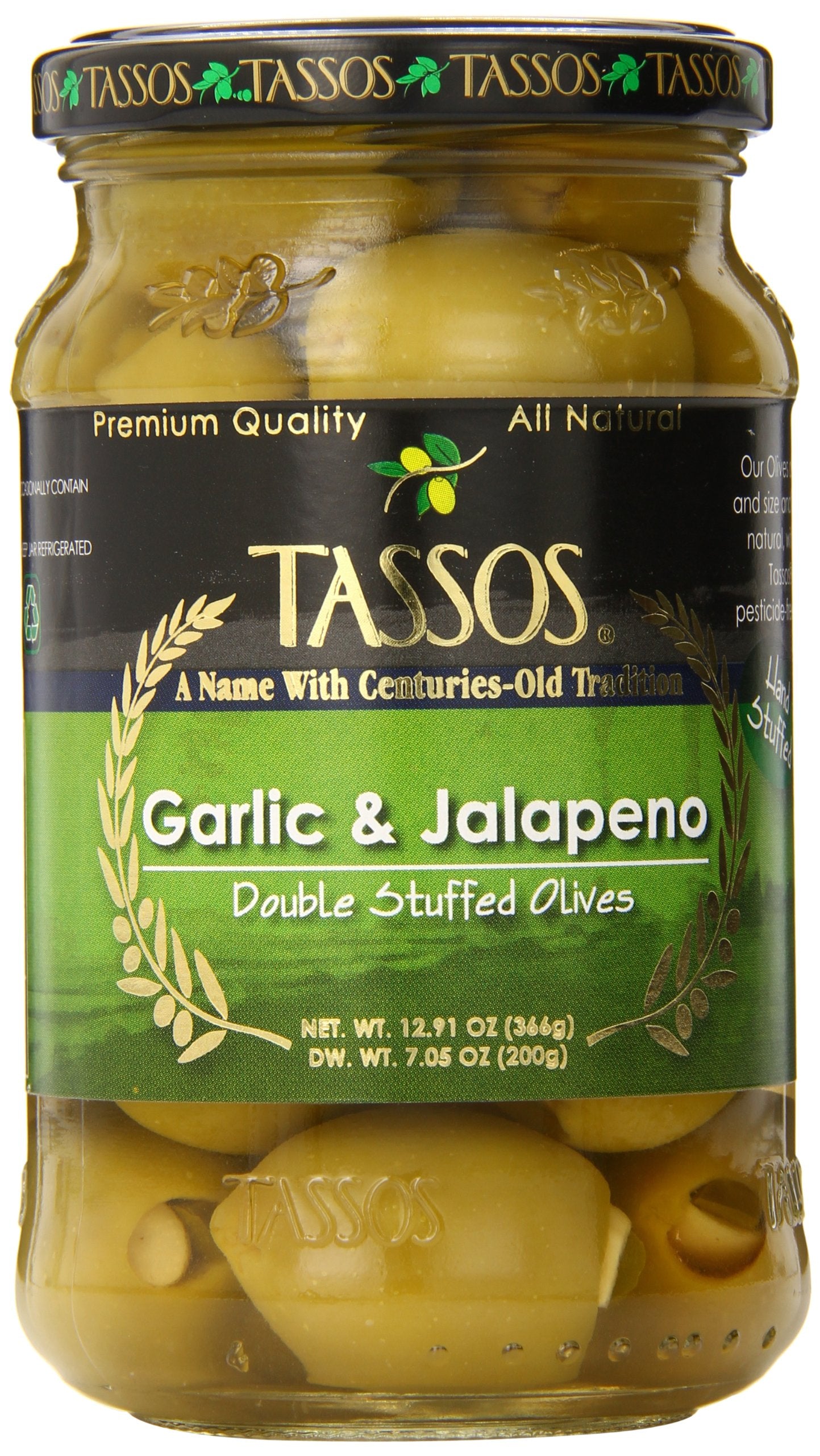 Tassos Stuffed Green Olives, Garlic Jalapeno, 13.1 Ounce