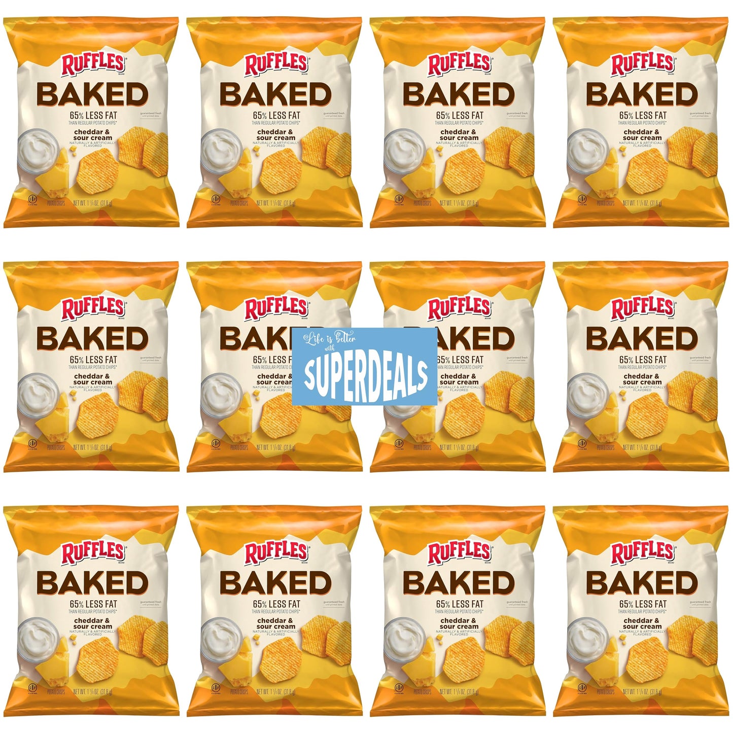 SUPERDEALS Baked Ruffles Cheddar & Sour Cream Chips, 1.125 Ounce (Pack of 12) with Mystery Gift