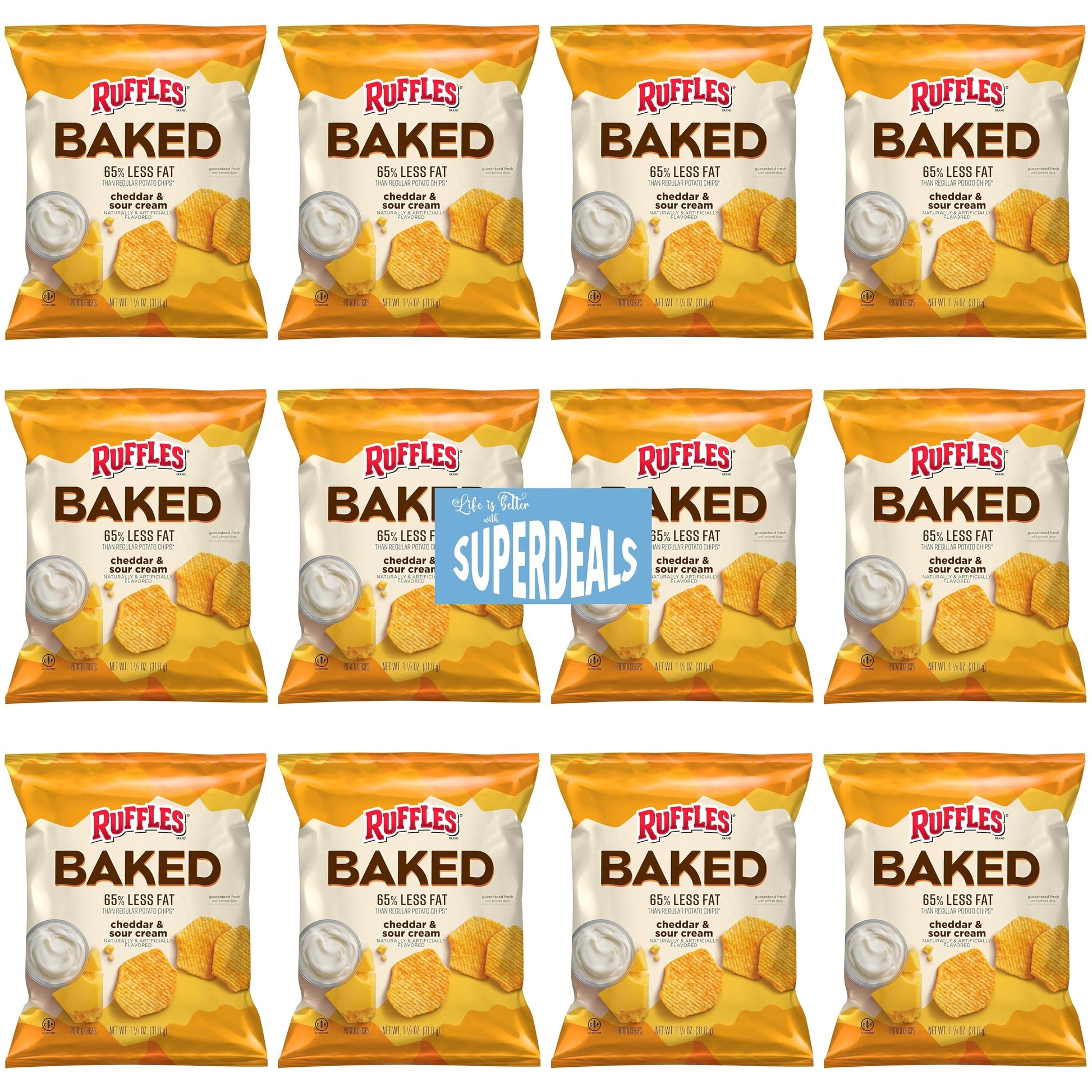 SUPERDEALS Baked Ruffles Cheddar & Sour Cream Chips, 1.125 Ounce (Pack of 12) with Mystery Gift
