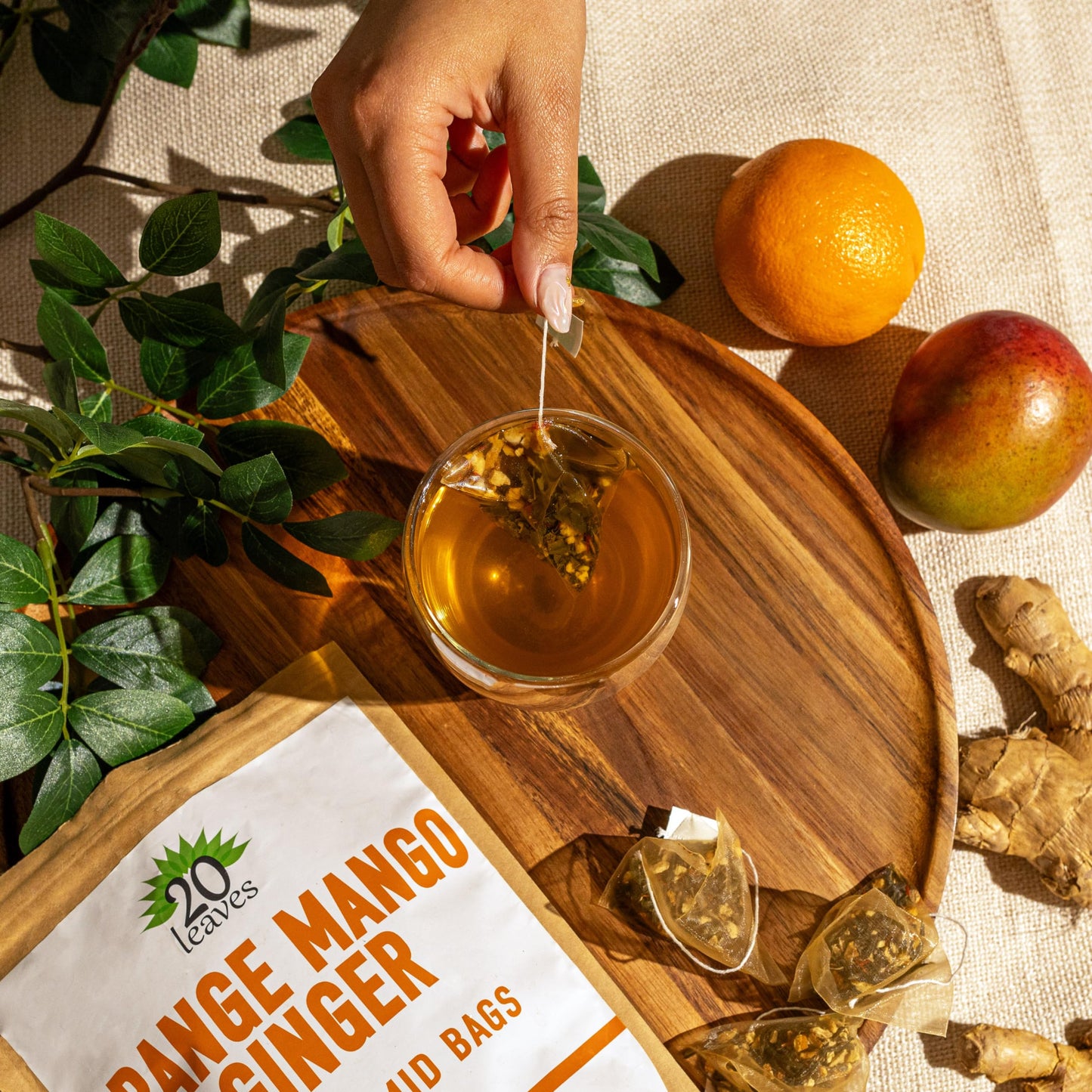 Orange Mango Ginger Green Tea - 50 Pyramid Tea Bags Sachets In A Resealable Bag