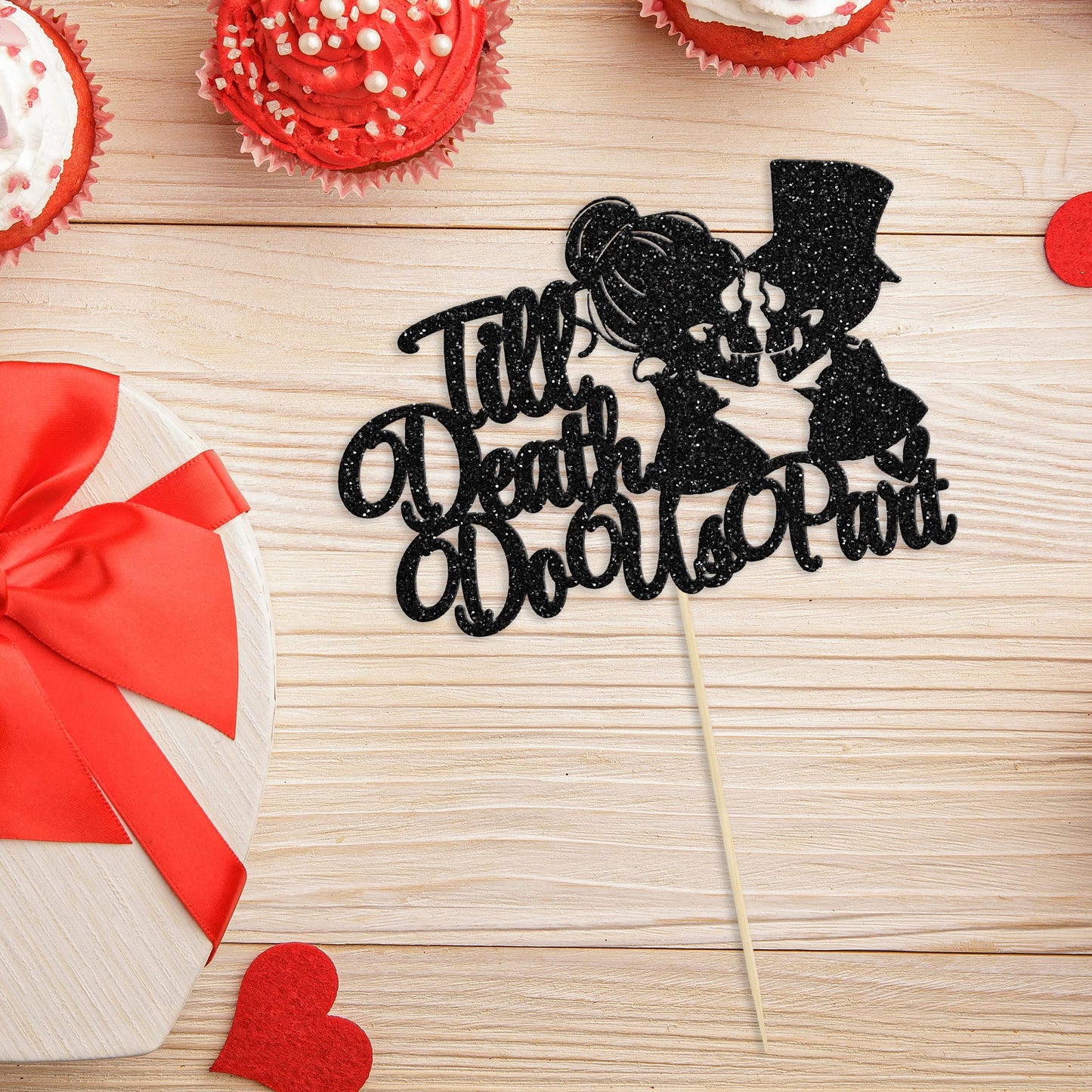 Gyufise 1Pc Till Death Do Us Part Cake Topper Black Glitter Wedding Happy Valentine's Day Cake Topper Decorations Valentine's Da