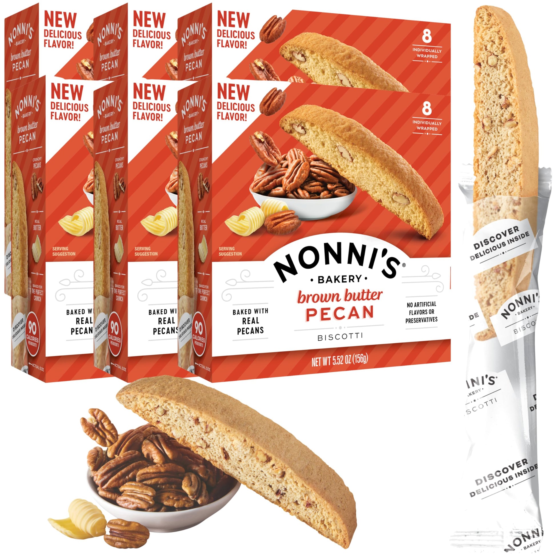 Nonnis Brown Butter Pecan Biscotti, Nutty Pecan Cookie with Rich Browned Butter Flavor, 8 Individually Wrapped Bakery Snacks, 5