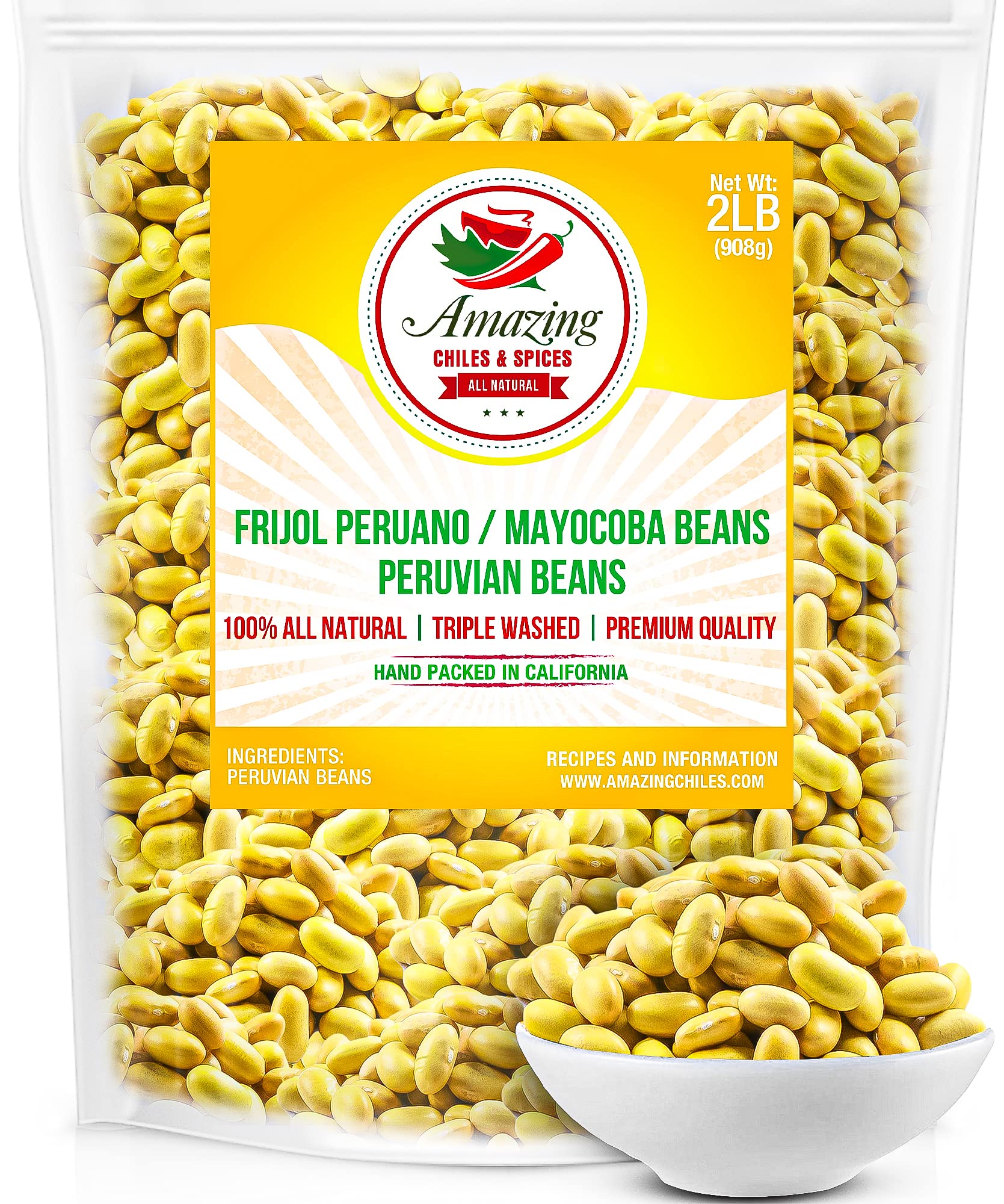 Canary (Peruvian) Beans 2 Lb Bag, - Frijol Peruano - Mayocoba Beans, 100% All Natural, Premium Quality. Triple Washed. By Amazin