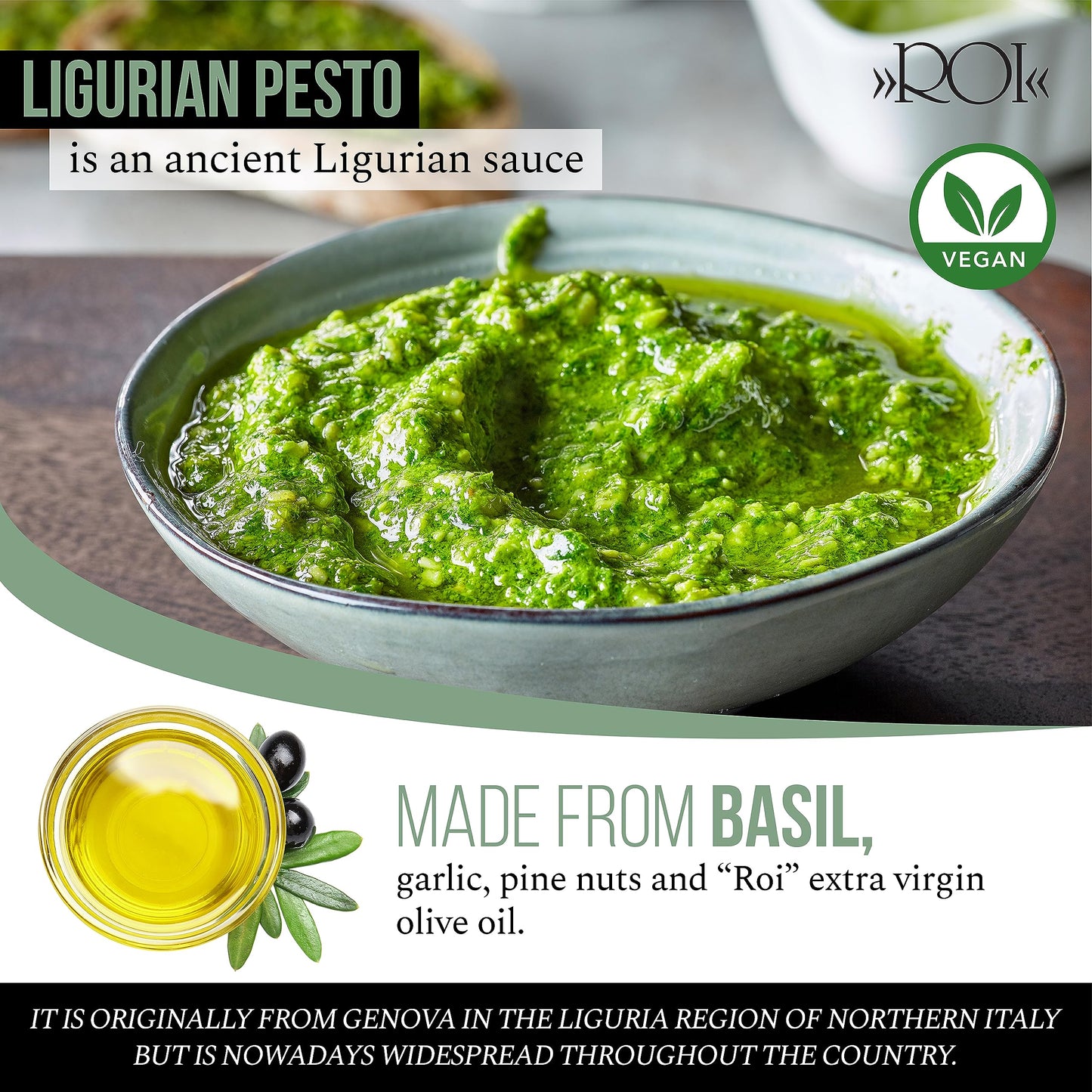 ROI Pesto Sauce - Vegan Pesto - Fresh Ligurian Basil Pesto Made of Genovese DOP basil and EVOO - Gluten Free Pesto - Keto Friend