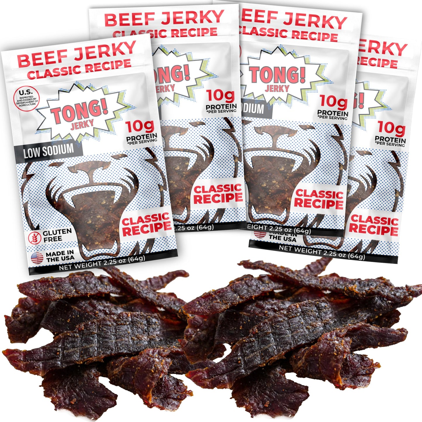 Tong Jerky Classic Flavor Beef Jerky Snacks 2.25 Oz (Pack Of 4) - Low-Sugar Jerky, Gluten-Free Beef Jerky, High Protein - People