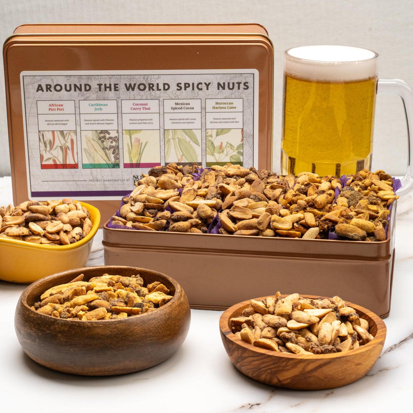 Nut Gift Basket In Unique Tin Box, Great Gift For Men, Women, Families, Spicy World Peanut Flavors From Africa, Caribbean, Thail