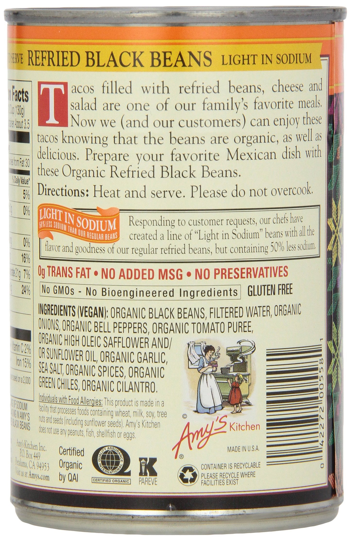 Amys Organic Refried Beans Canned, Light in Sodium Refried Black Beans, Vegan Gluten Free and Vegetarian, 15.4 Oz
