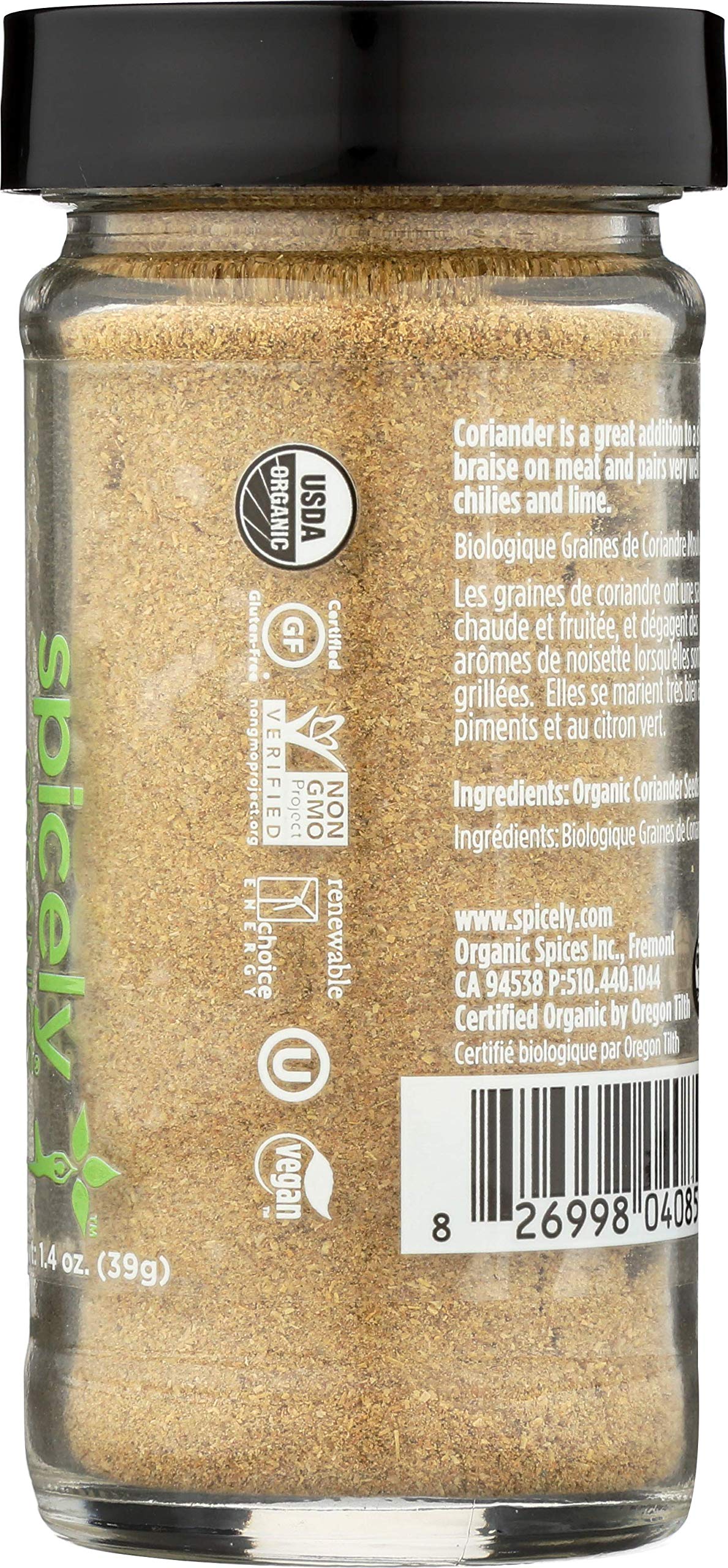 Spicely Organic Coriander Powder 1.40 Ounce Jar Certified Gluten Free