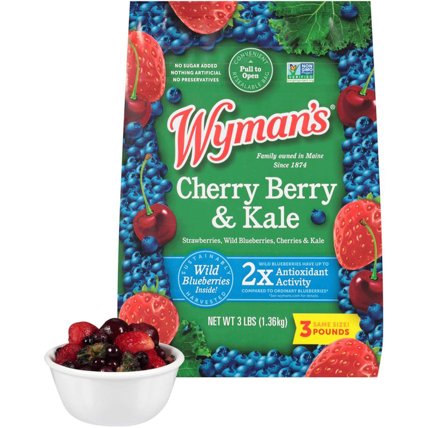 Wymans Cherry Berry & Kale, 3 lb (Pack of 1) - Strawberries, Cherries, Wild Blueberries & Kale