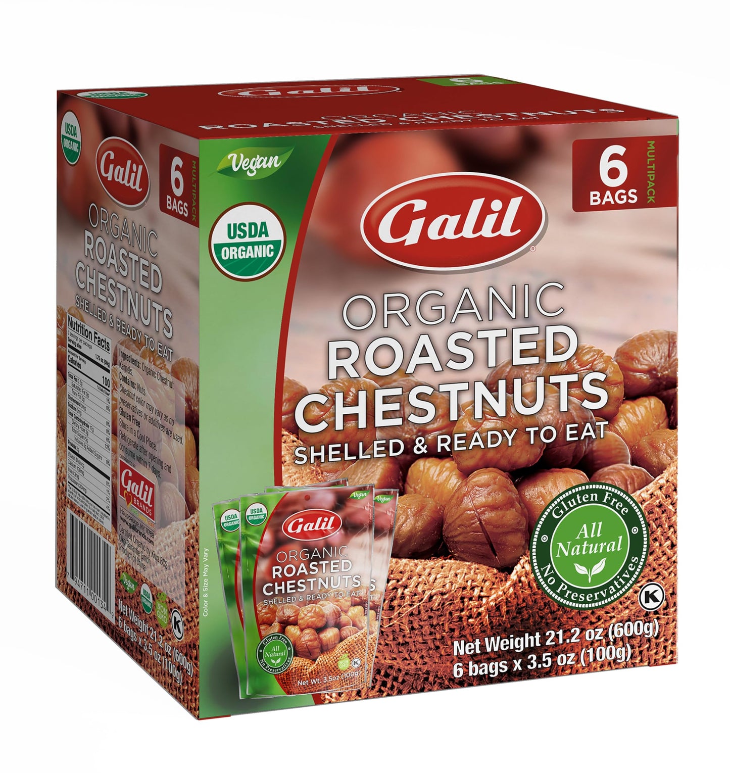Galil Organic Roasted Chestnuts, Pack Of 6, 3.5 Oz Bags, Shelled Chestnut, Chestnuts Roasted Peeled