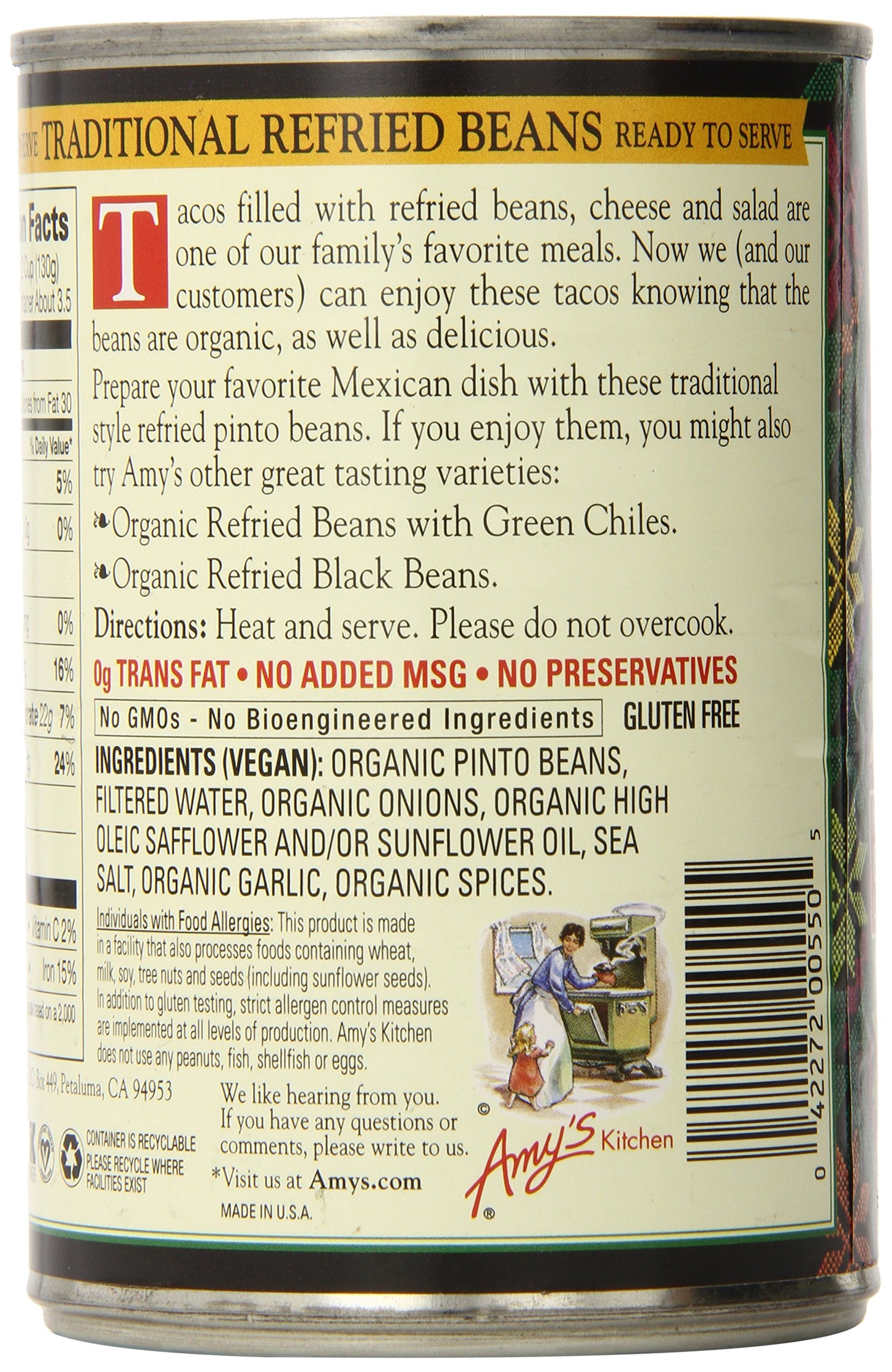 Amy's Organic Refried Beans Canned, Traditional Refried Beans, Vegan, Gluten Free and Vegetarian, 15.4 Oz (6 Pack)