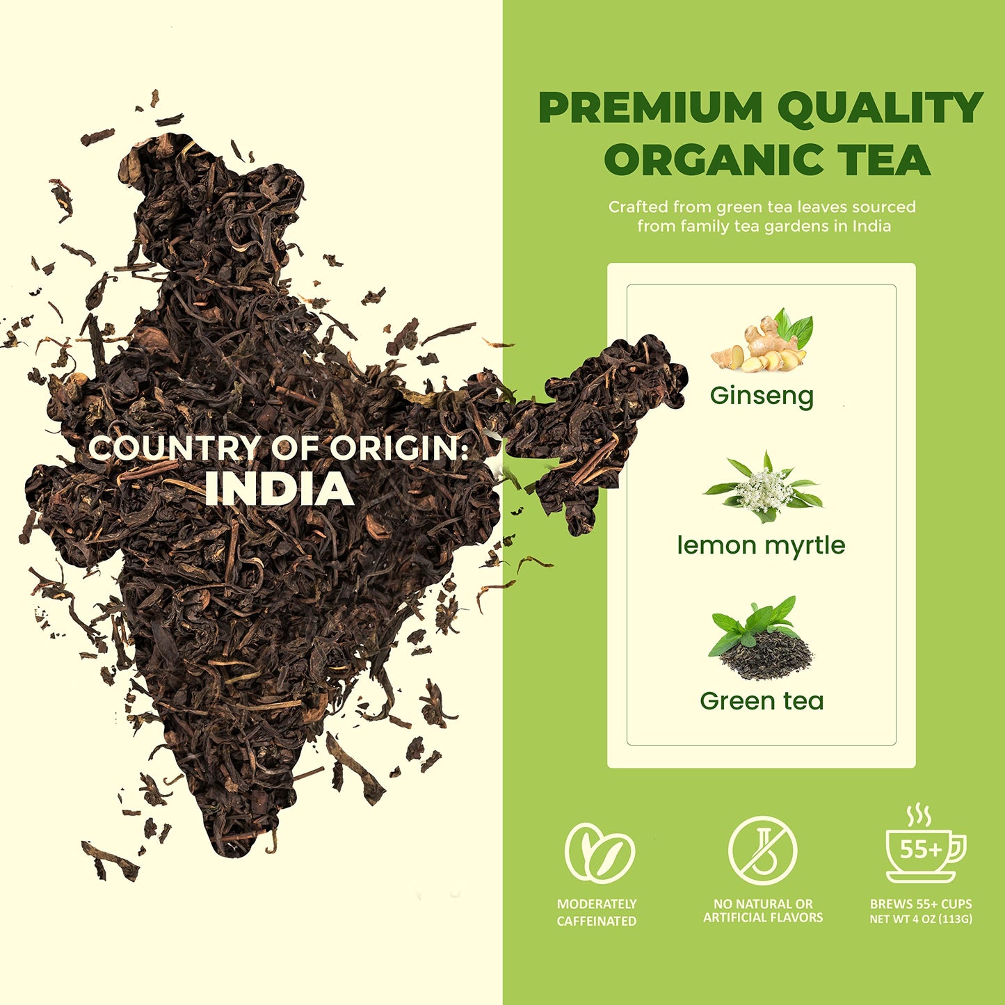 Gardenika Organic Green Loose Leaf Tea With Ginseng And Lemon Myrtle - Kosher, No Natural Or Artificial Flavors - 4 Oz