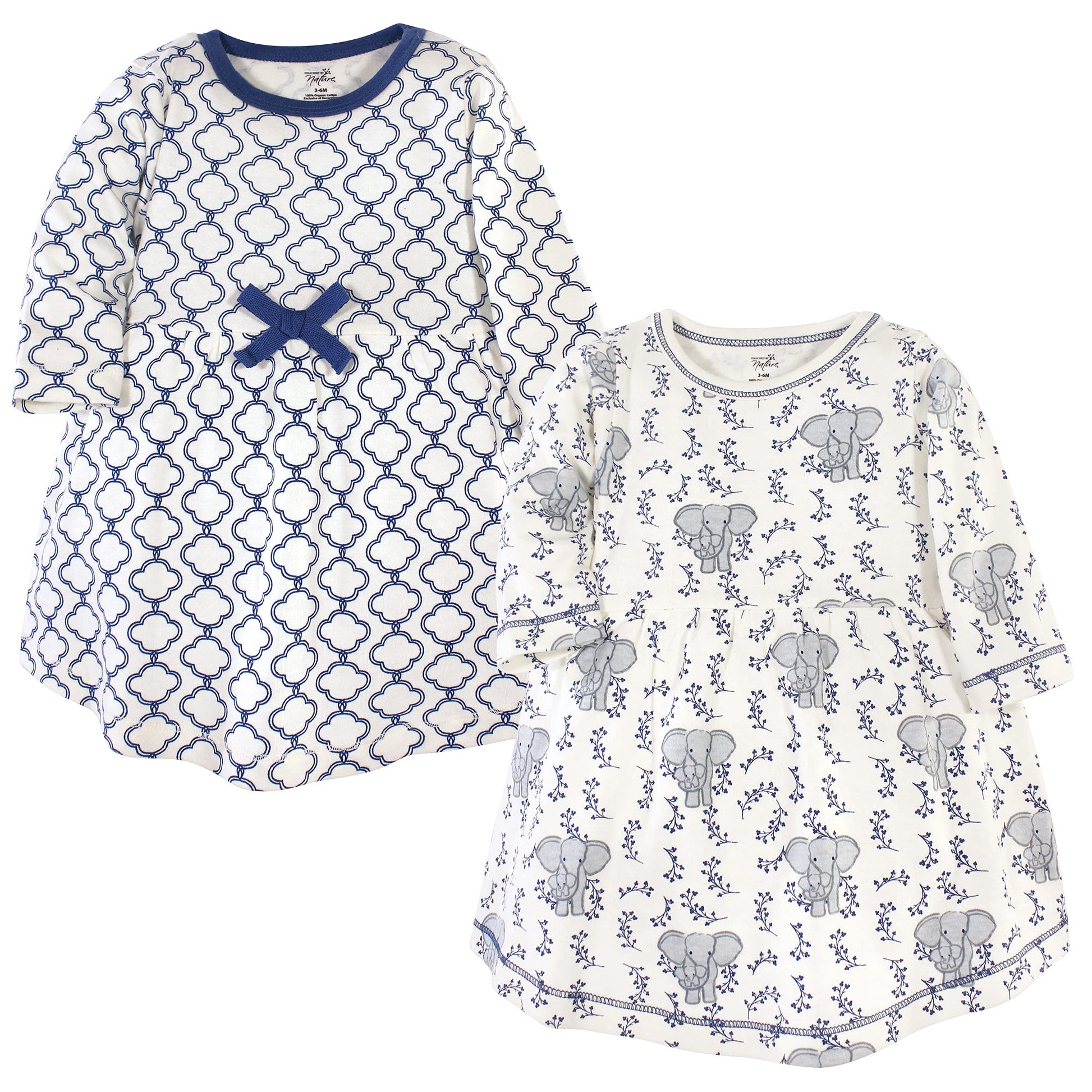 Touched By Nature Baby Girls Organic Cotton Short-Sleeve And Long-Sleeve Dresses Casual Dress, Blue Elephant Long Sleeve, 3T Us