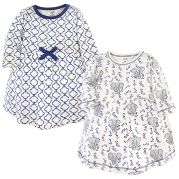 Touched By Nature Baby Girls Organic Cotton Short-Sleeve And Long-Sleeve Dresses Casual Dress, Blue Elephant Long Sleeve, 3T Us