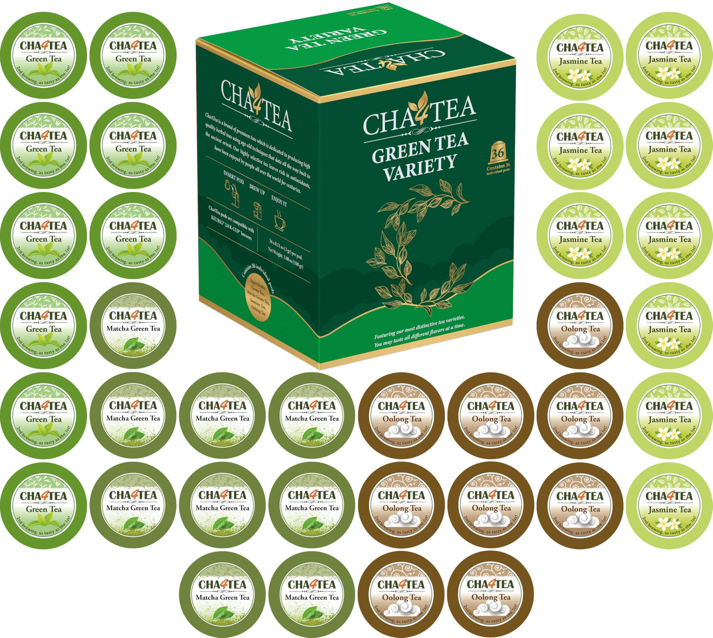 Cha4TEA K Cups Assorted Green Tea Variety (Matcha, Jasmine, Oolong) - 36 Count Pack for Keurig K-Cup Brewers