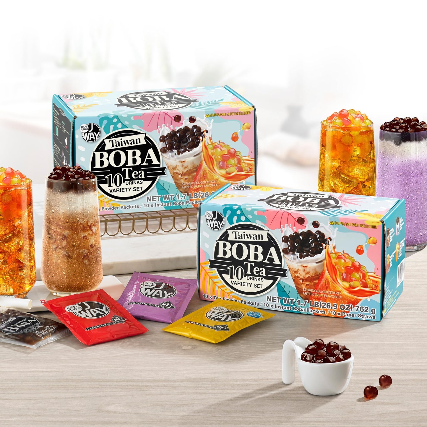 J Way Local Flavor Instant Boba Bubble Pearl Variety Milk Tea Fruity Tea Kit With Authentic Brown Sugar Fruity Tapioca Boba, Rea