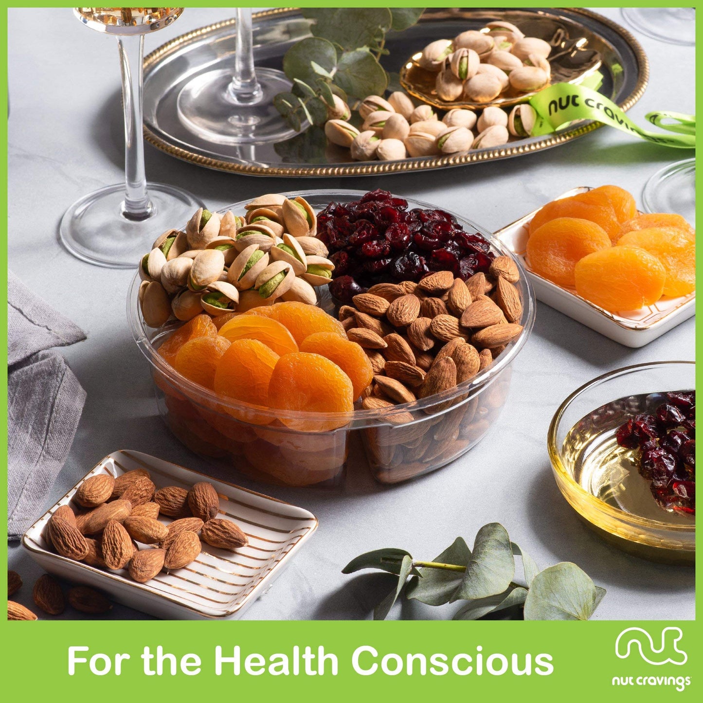 NUT CRAVINGS Gourmet Collection - Rosh Hashana & Shana Tova Dried Fruit & Mixed Nuts Gift Basket + Green Ribbon (4 Assortments)