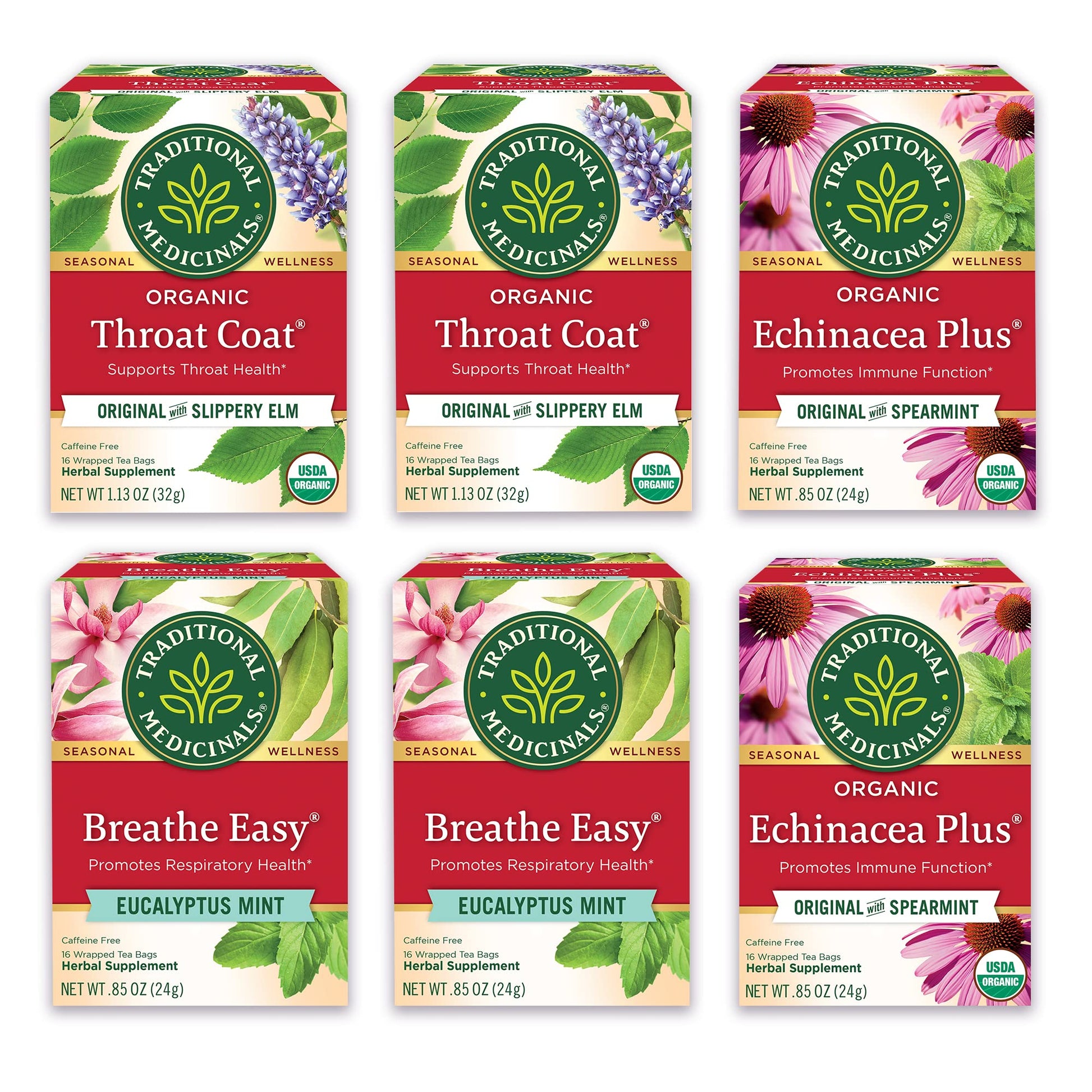 Traditional Medicinals Organic Seasonal Care Variety Pack Teas (Pack Of 6), Throat Coat + Echincea Plus + Breathe Easy , 96 Tea