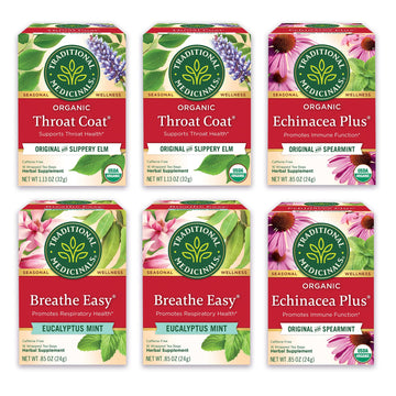 Traditional Medicinals Organic Seasonal Care Variety Pack Teas (Pack Of 6), Throat Coat + Echincea Plus + Breathe Easy , 96 Tea
