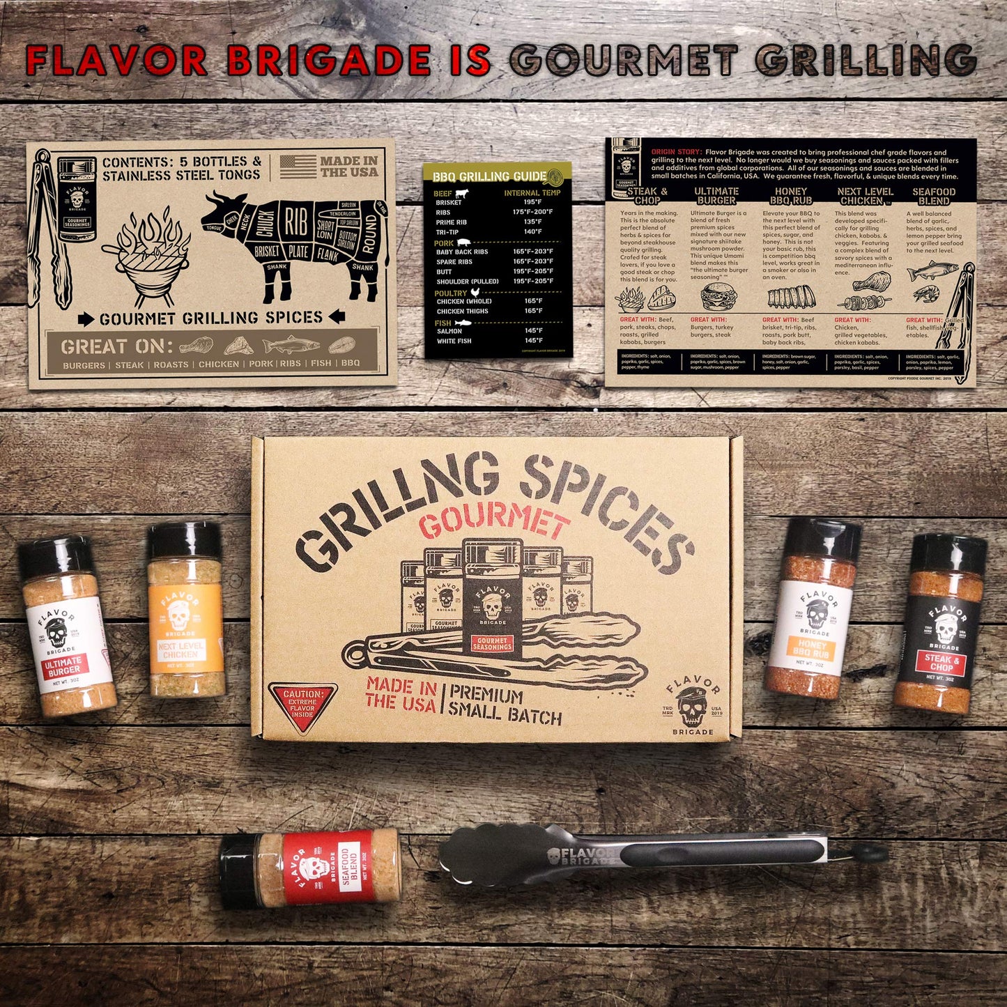 Millhouse Spice Co. Gourmet Grilling Spices Gift Set, 8 Piece Set, Includes Seasonings, Rubs, Tongs for BBQ, Steak, Chicken, Fish